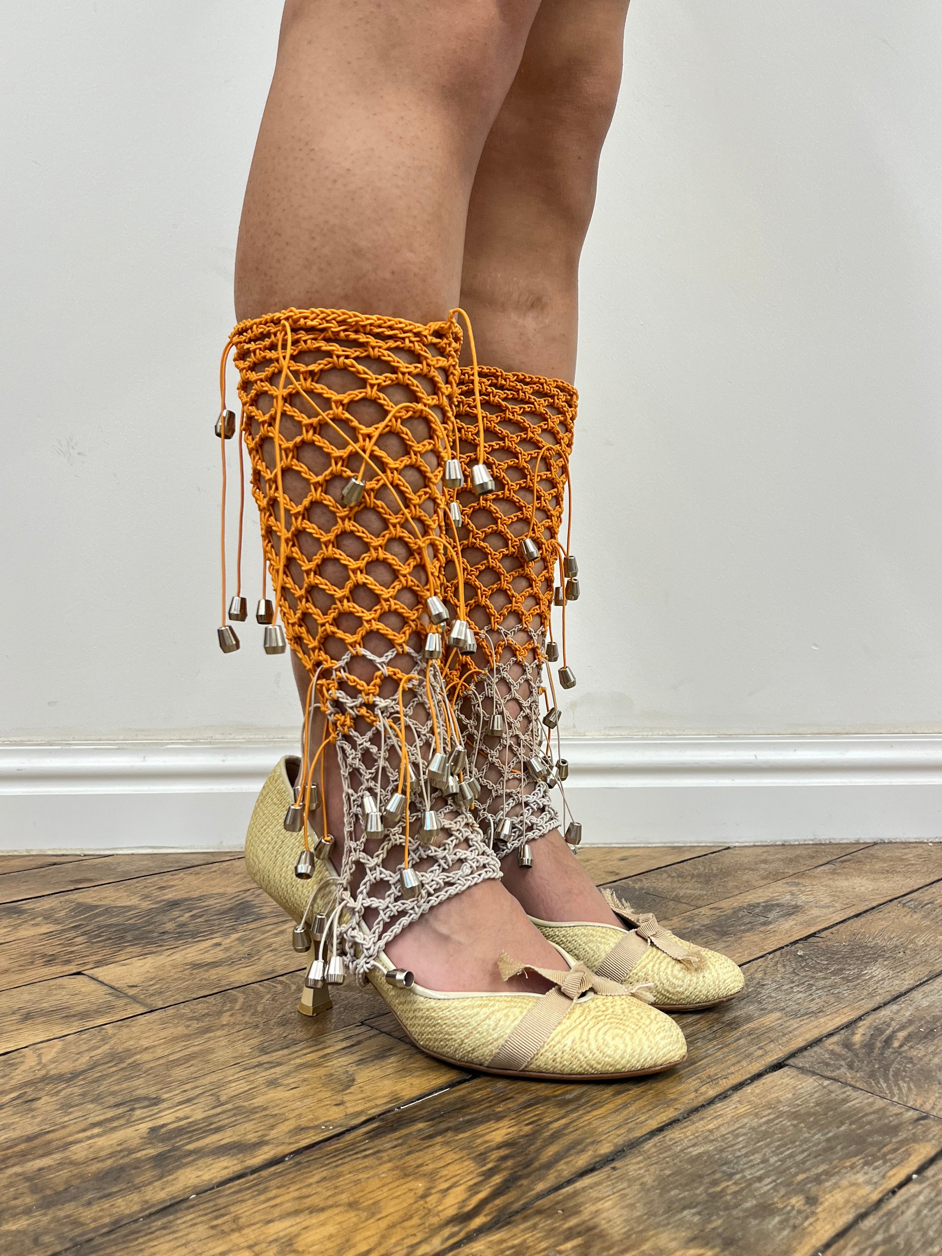 beige and orange crochet elastic stirrups