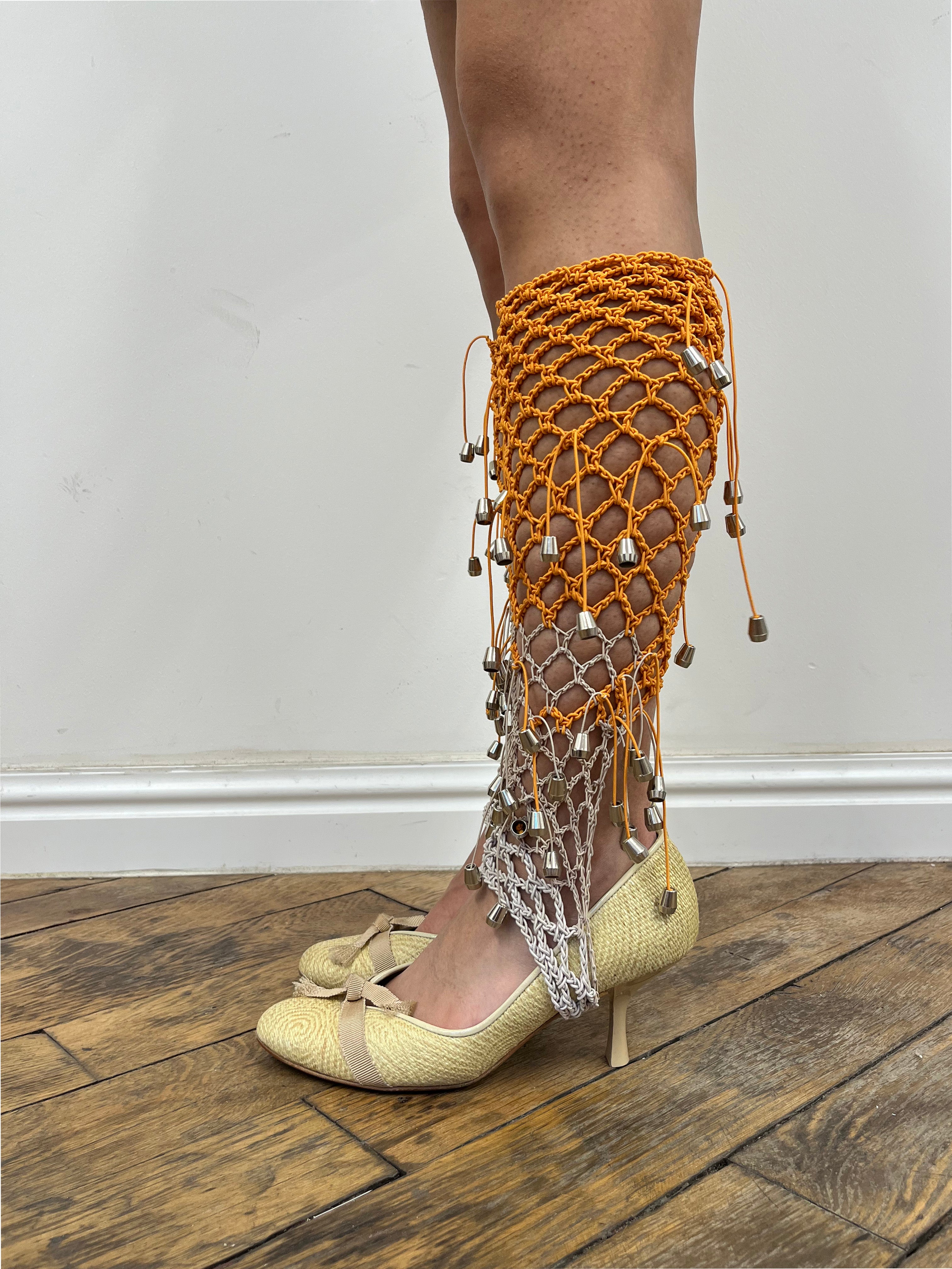 beige and orange crochet elastic stirrups