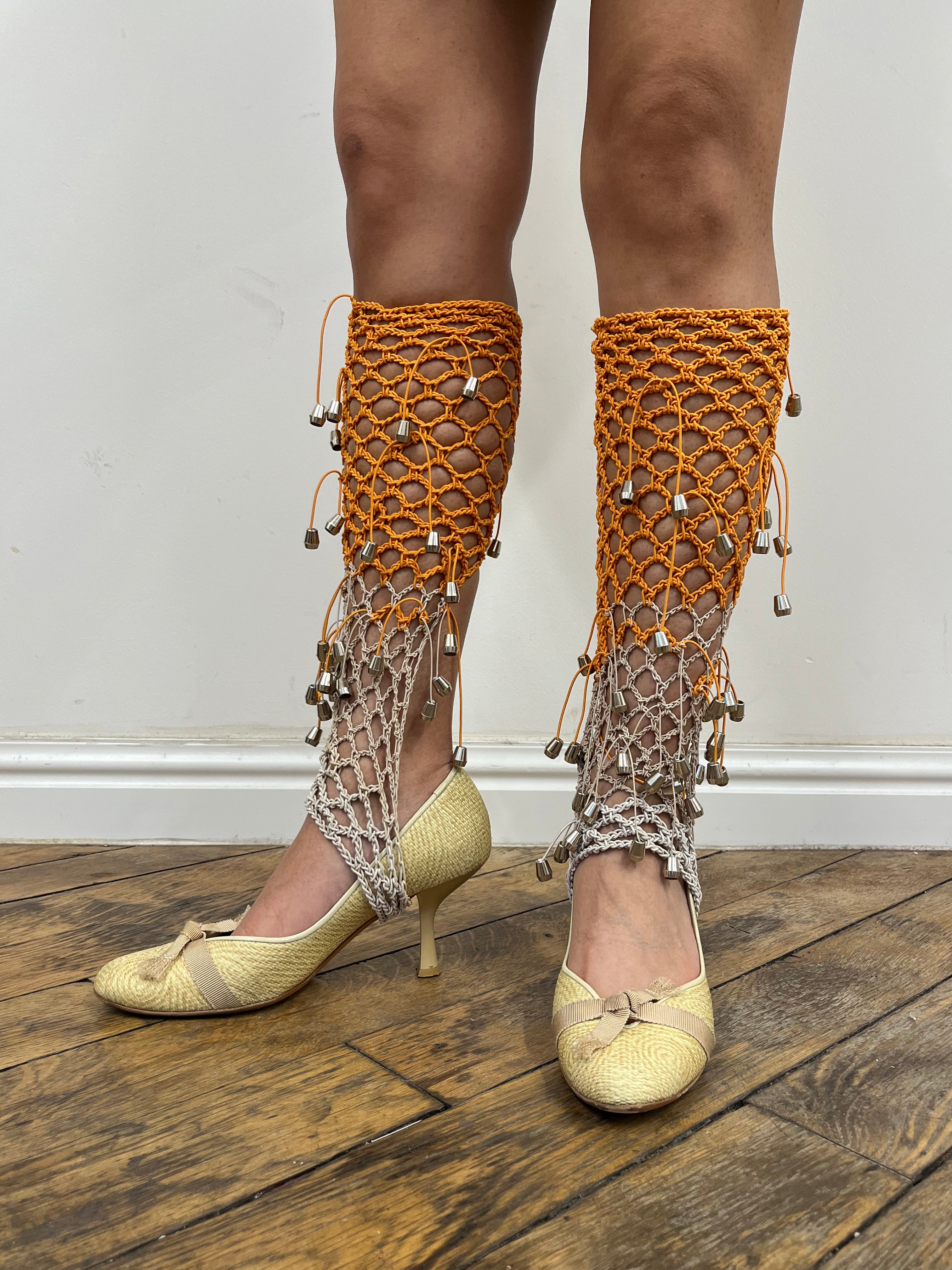 beige and orange crochet elastic stirrups