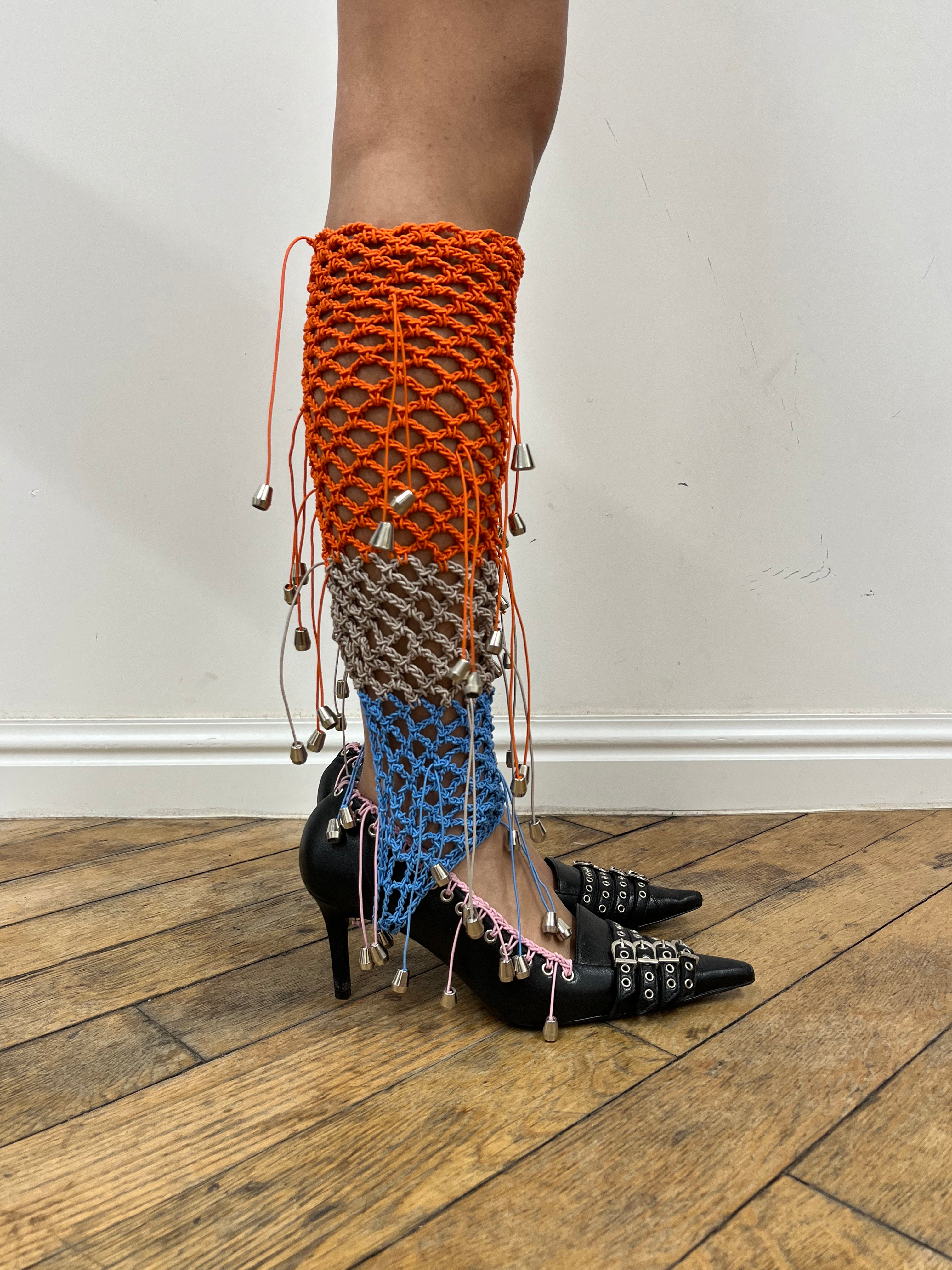 blue and orange crochet stirrups