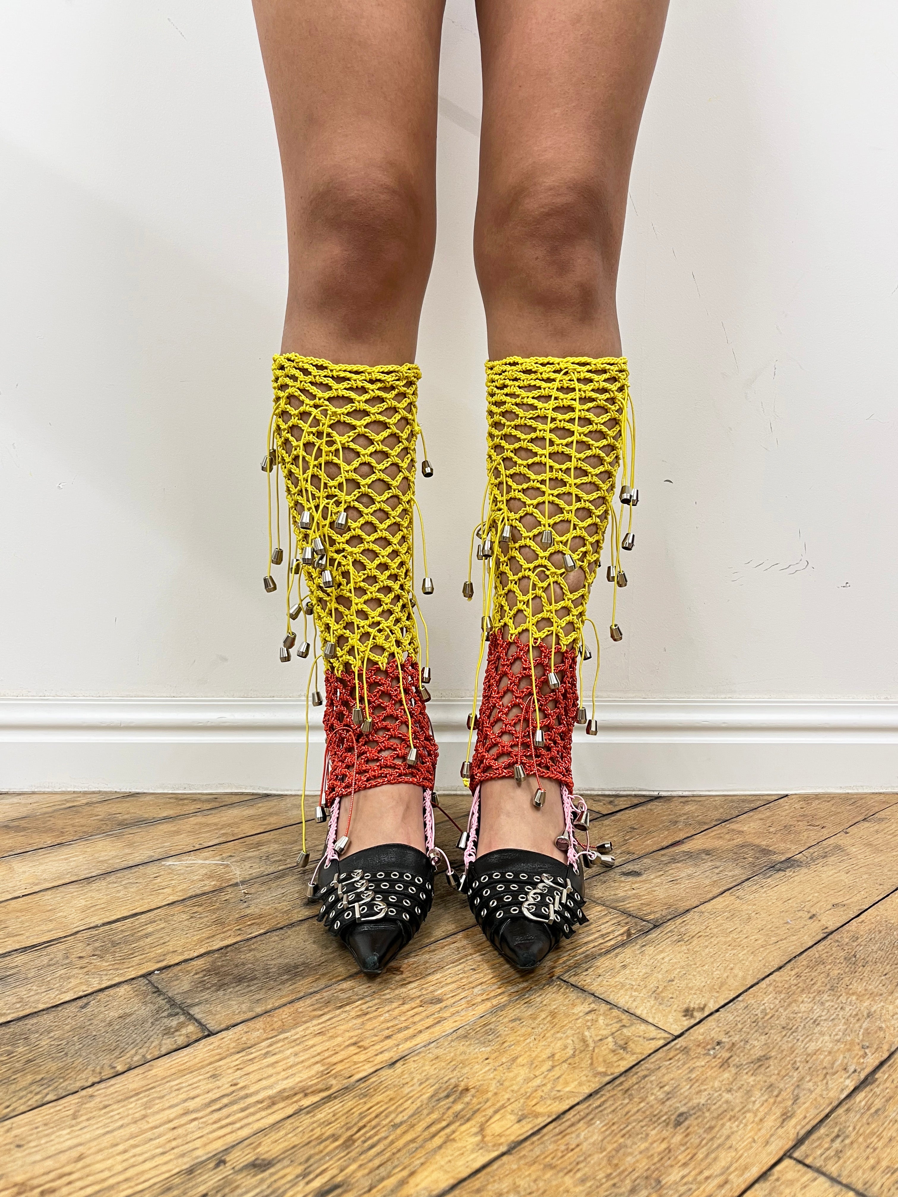 crochet yellow and red stirrups