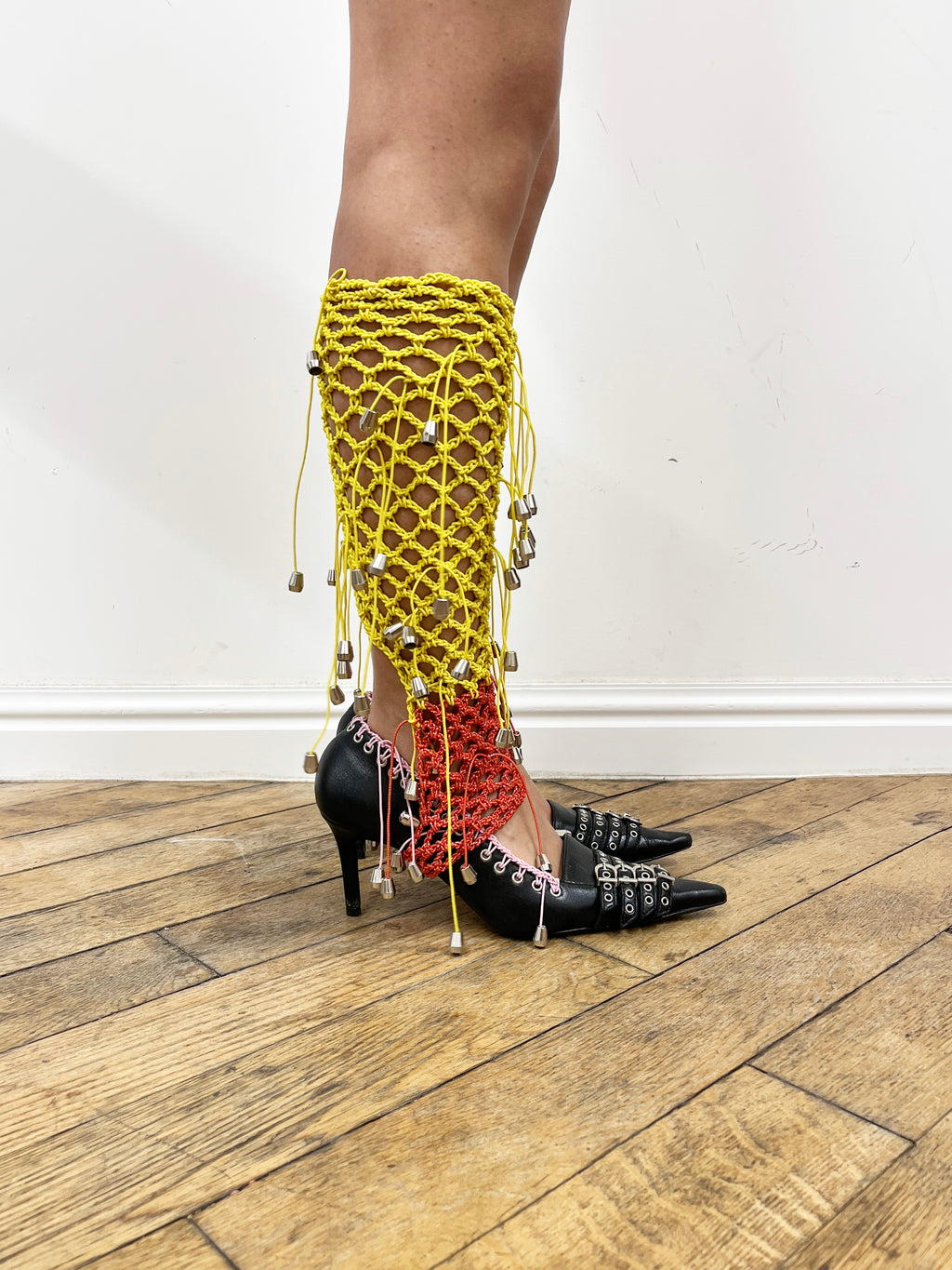 crochet yellow and red stirrups