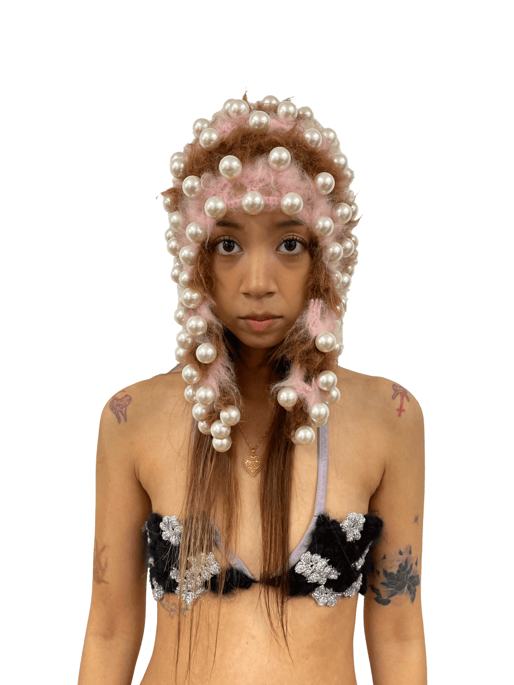 pearl studded hat in pink and chestnut