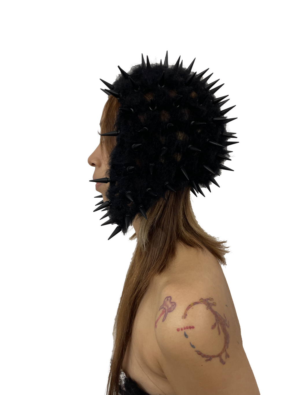 studded crochet headgear in technicolor black