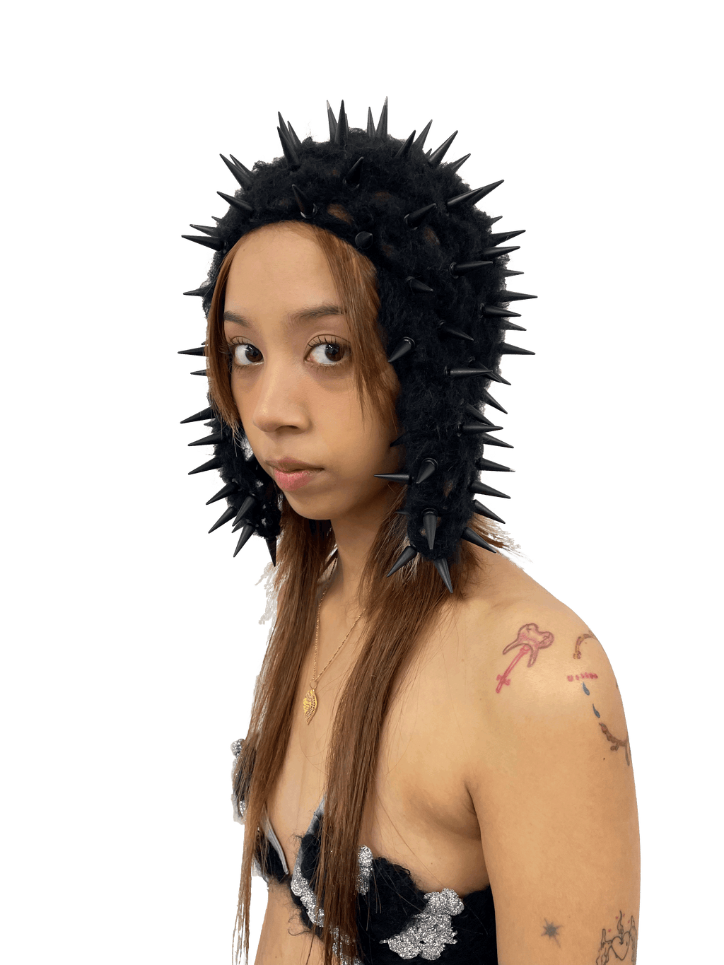 studded crochet headgear in technicolor black