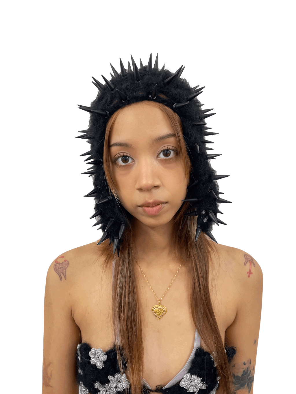 studded crochet headgear in technicolor black