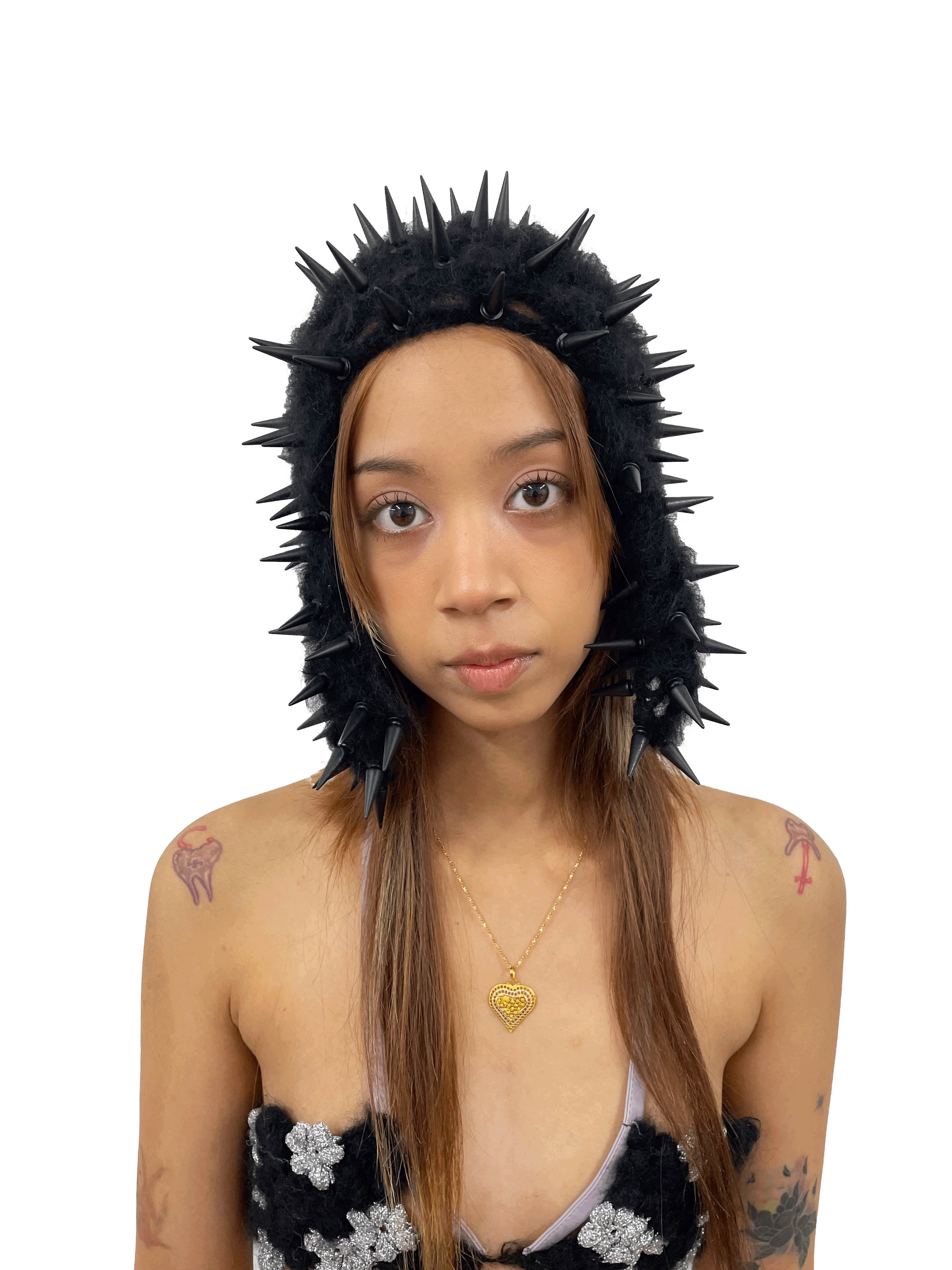 studded crochet headgear in technicolor black