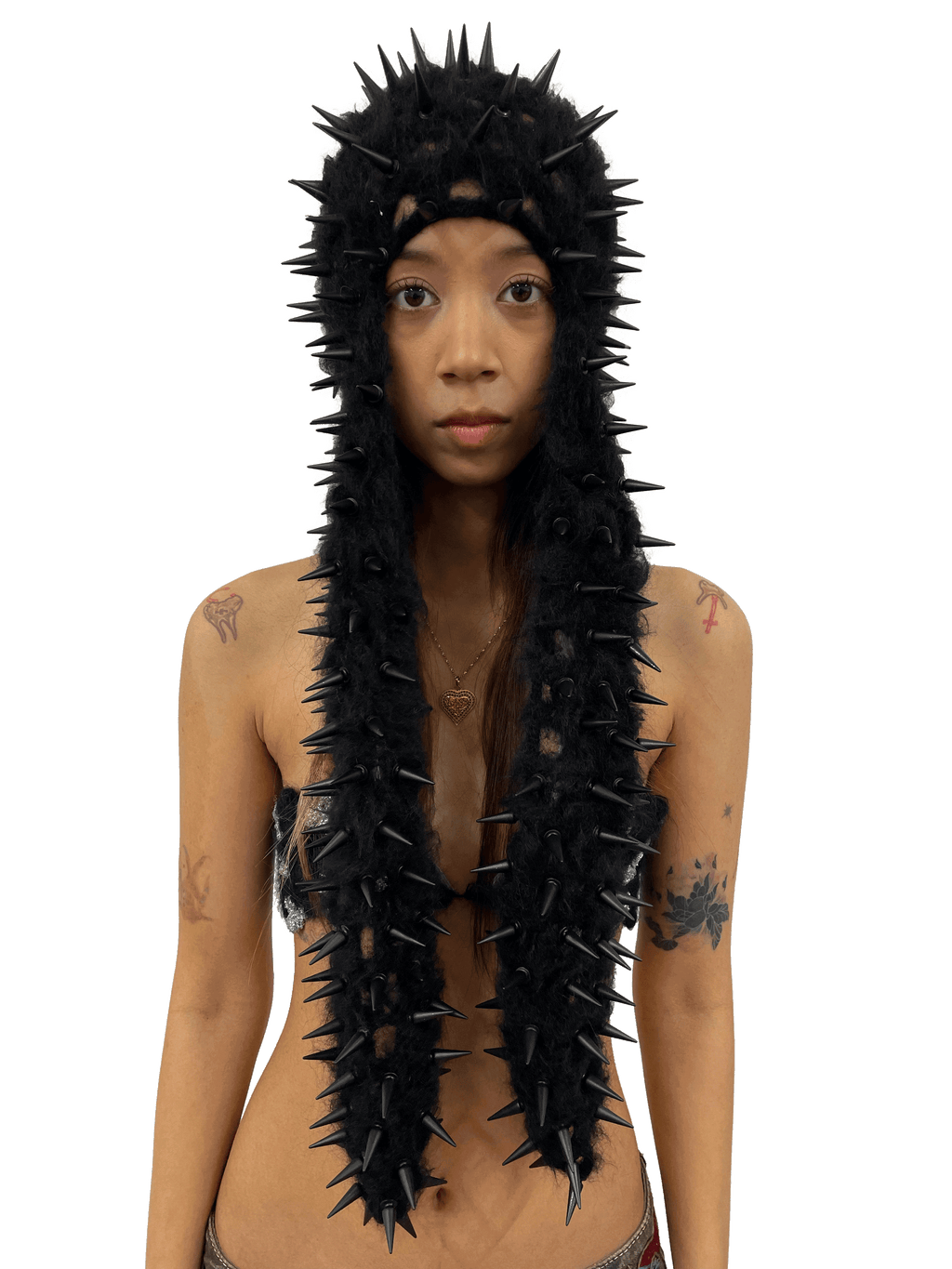 studded crochet headgear in technicolor long black