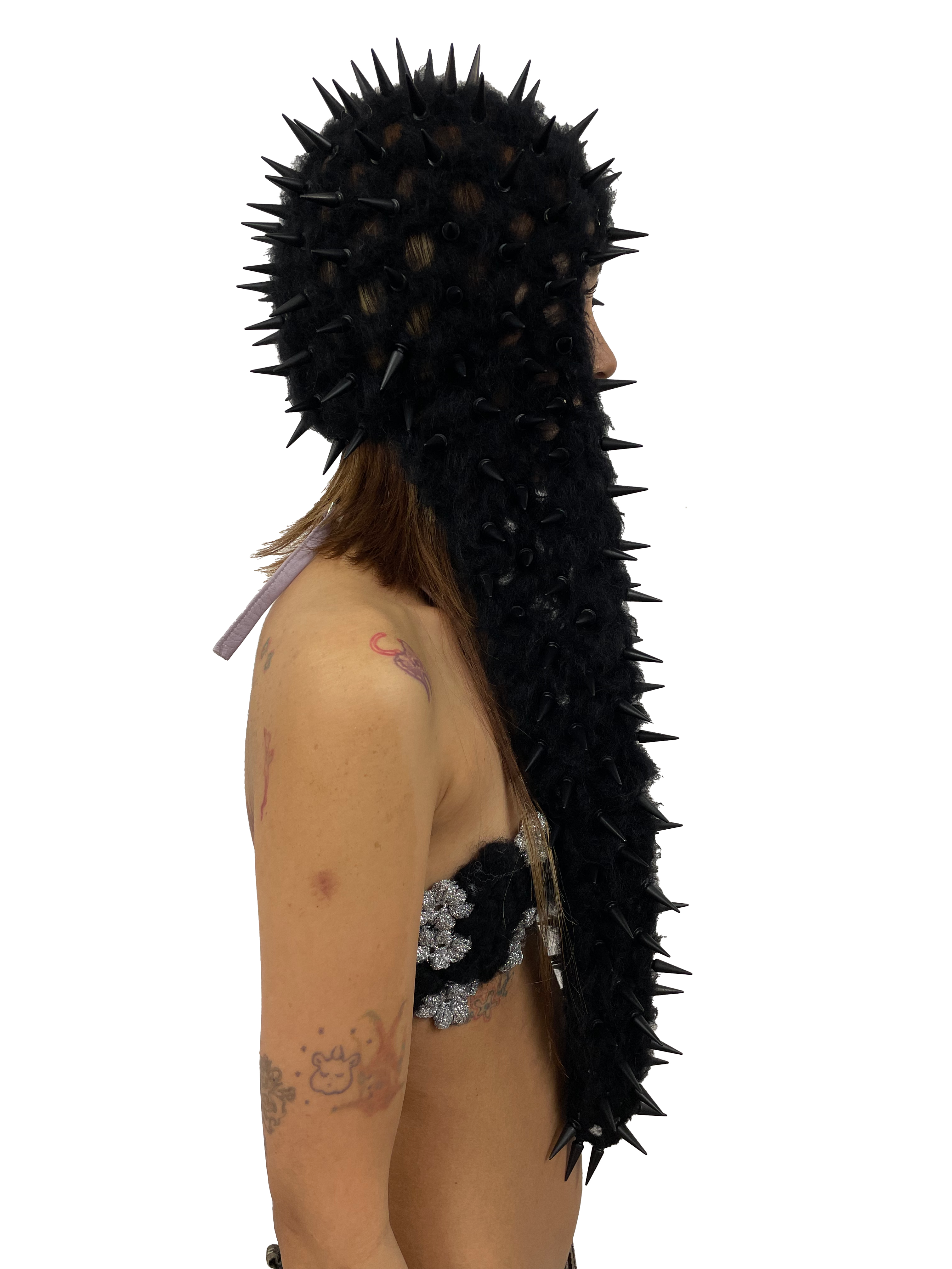 studded crochet headgear in technicolor long black