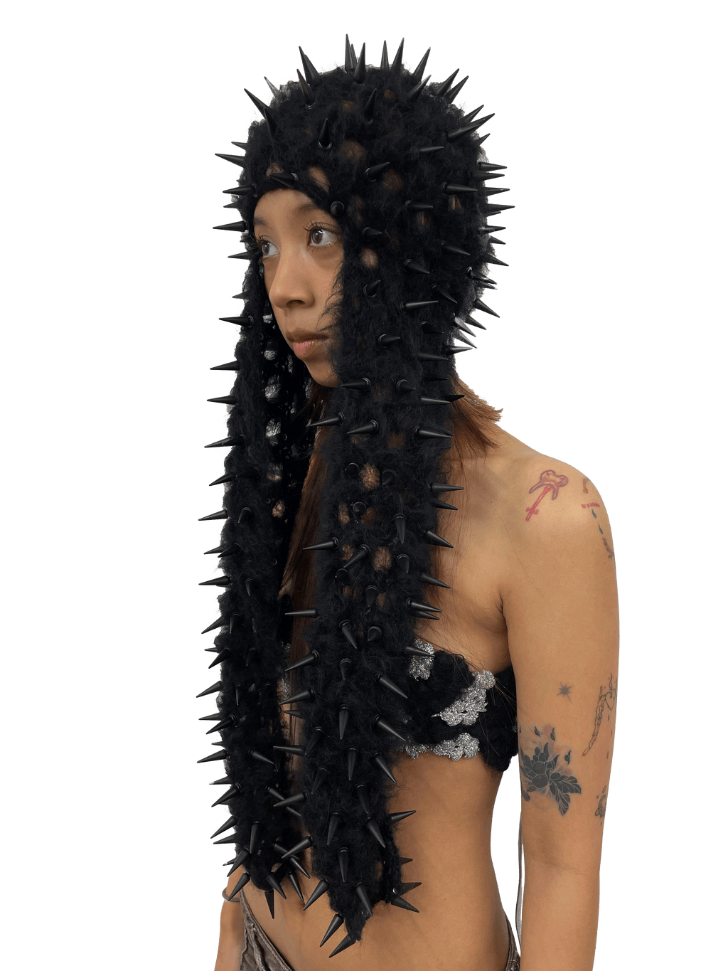 studded crochet headgear in technicolor long black