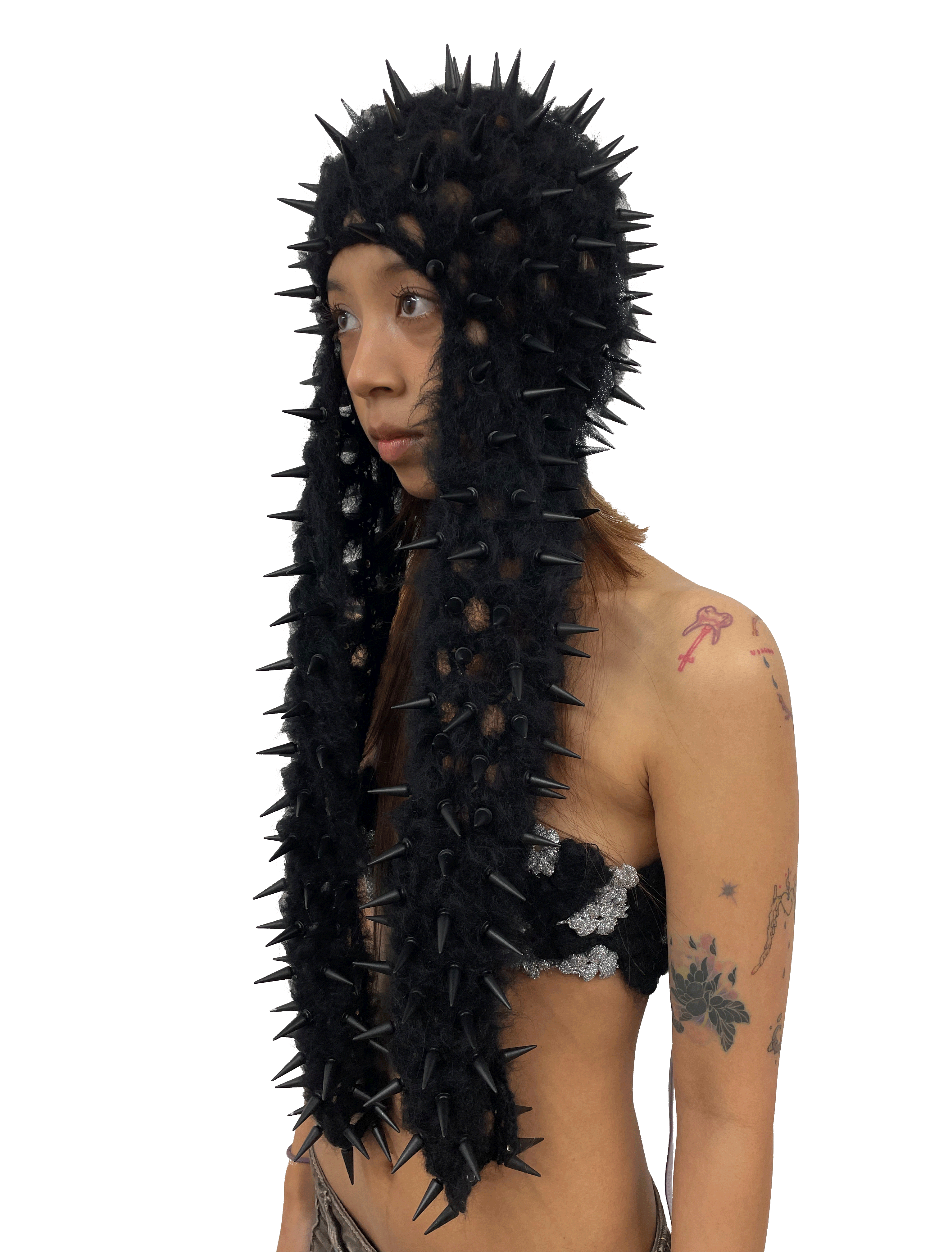 studded crochet headgear in technicolor long black