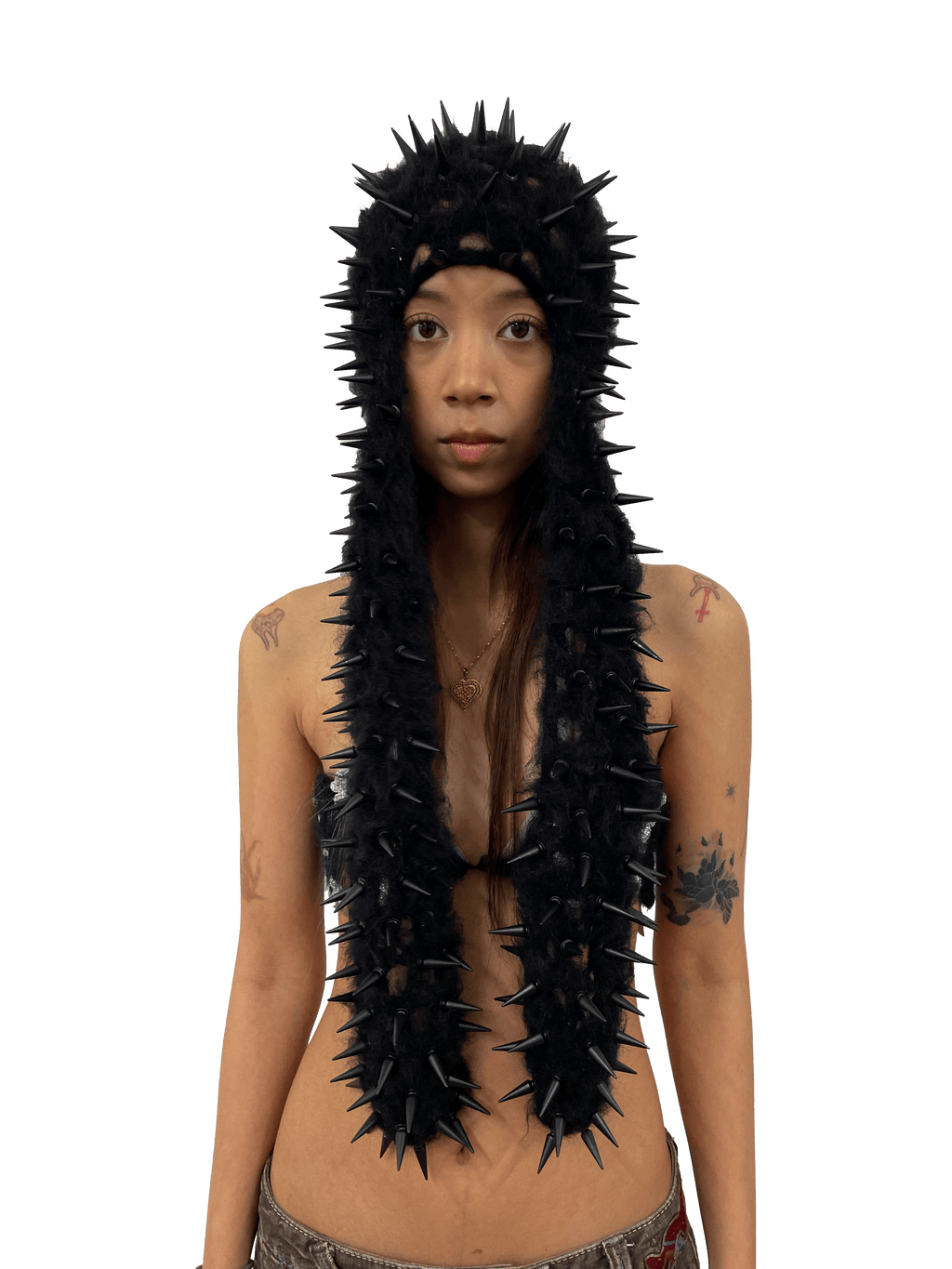studded crochet headgear in technicolor long black