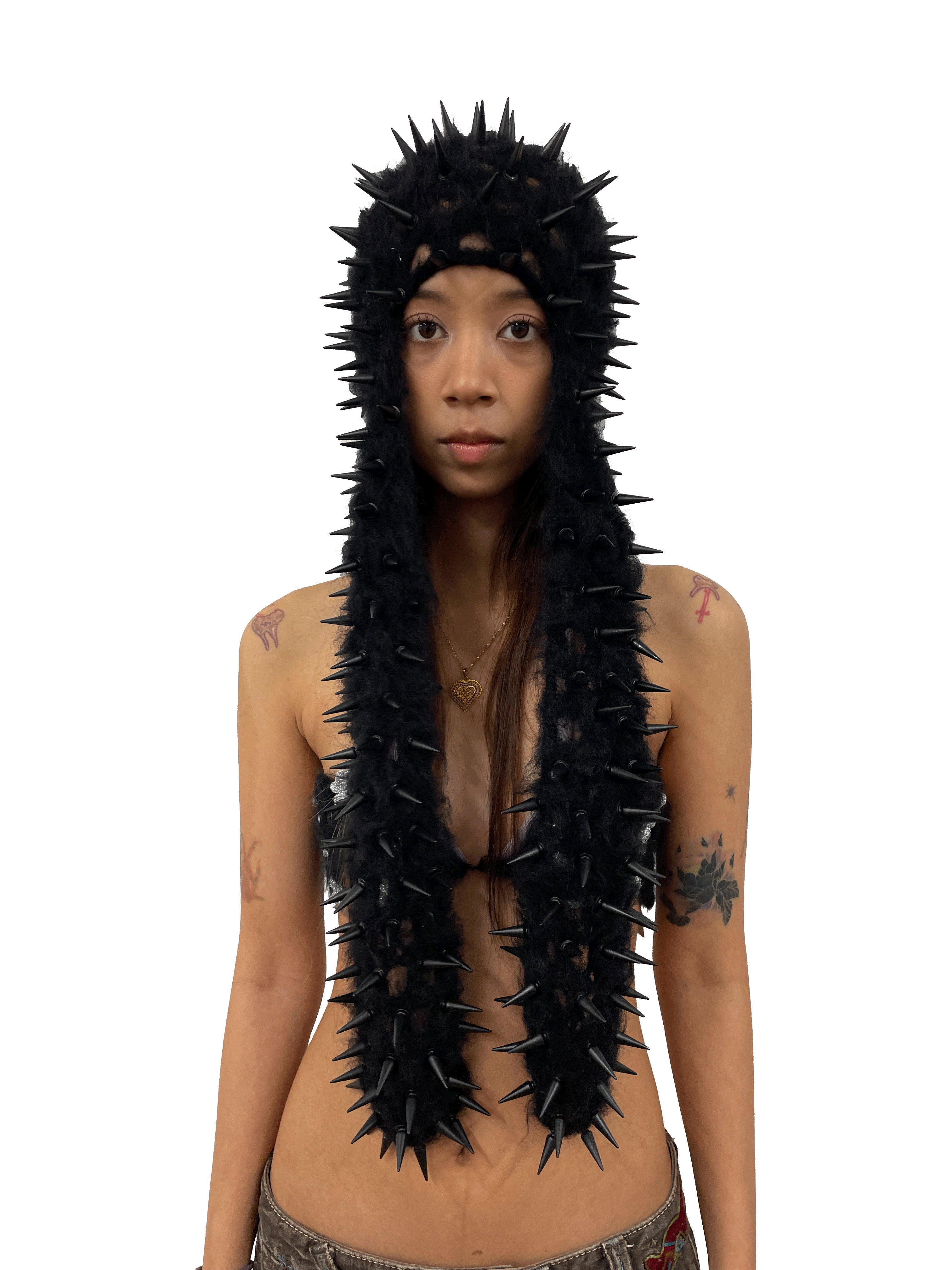 studded crochet headgear in technicolor long black