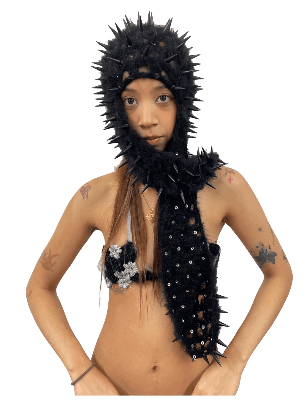 studded crochet headgear in technicolor long black