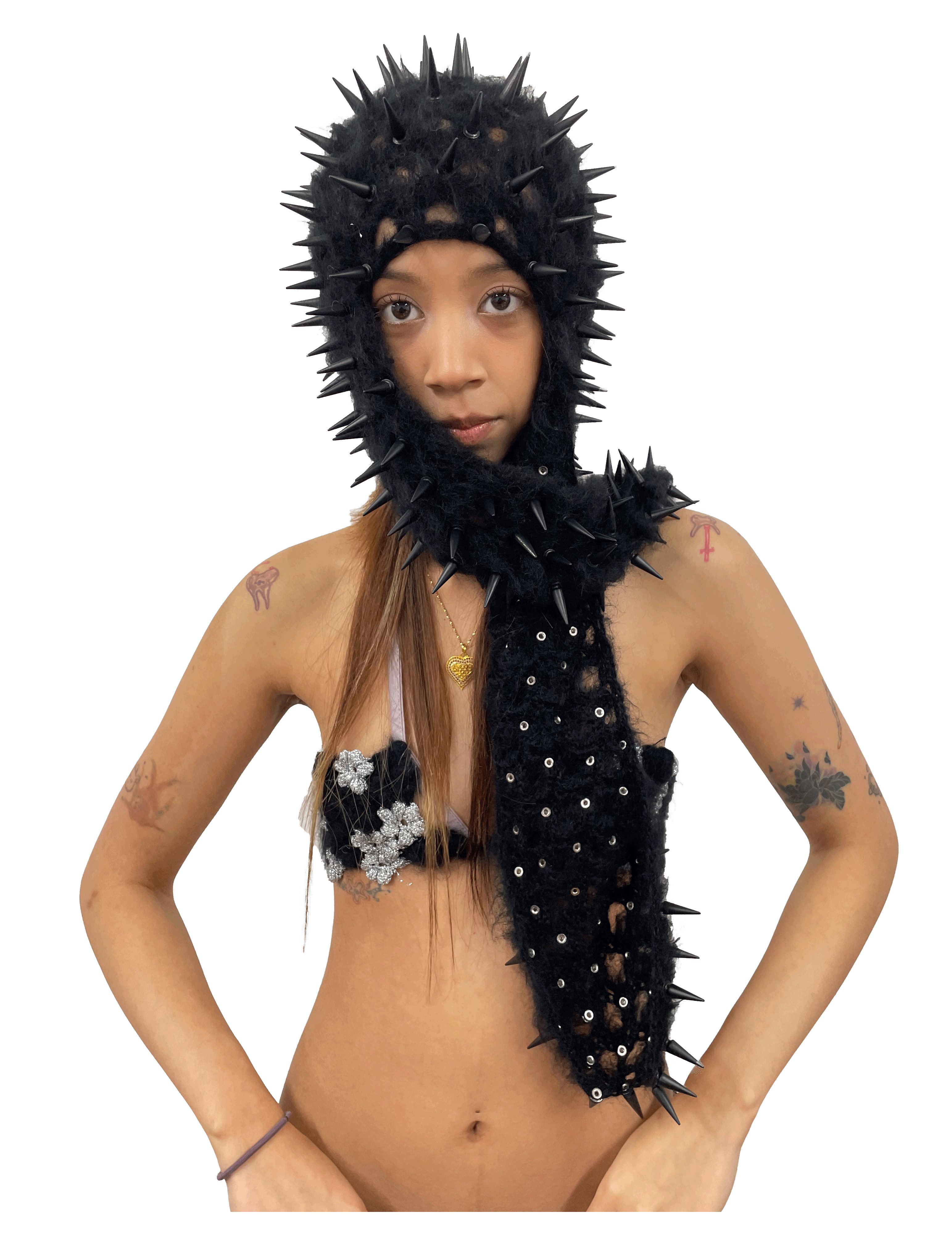 studded crochet headgear in technicolor long black