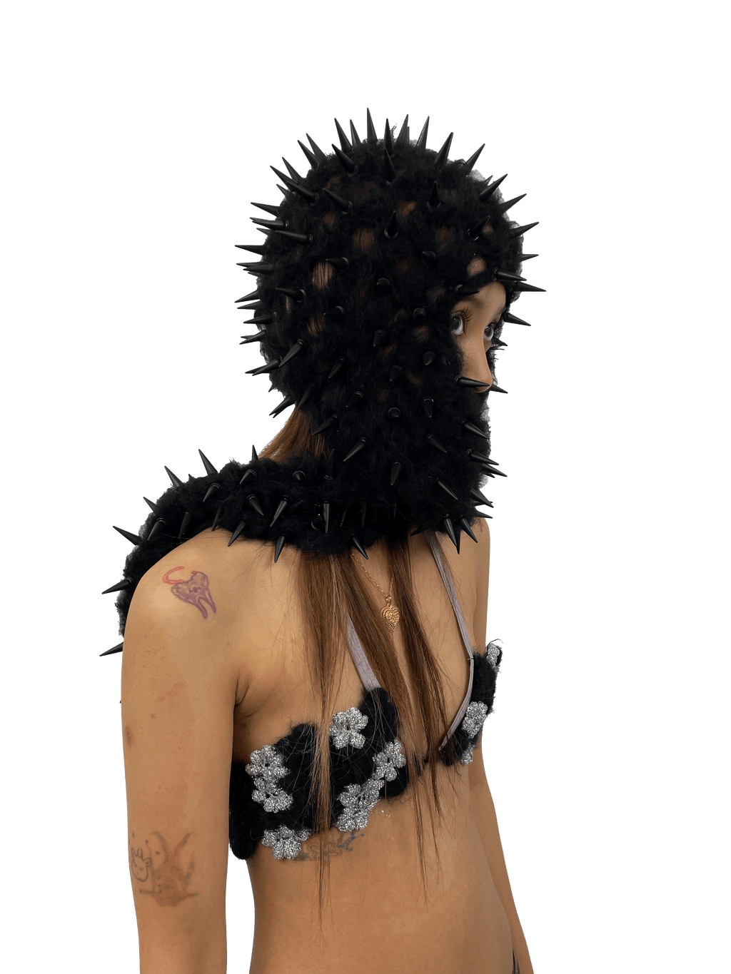 studded crochet headgear in technicolor long black