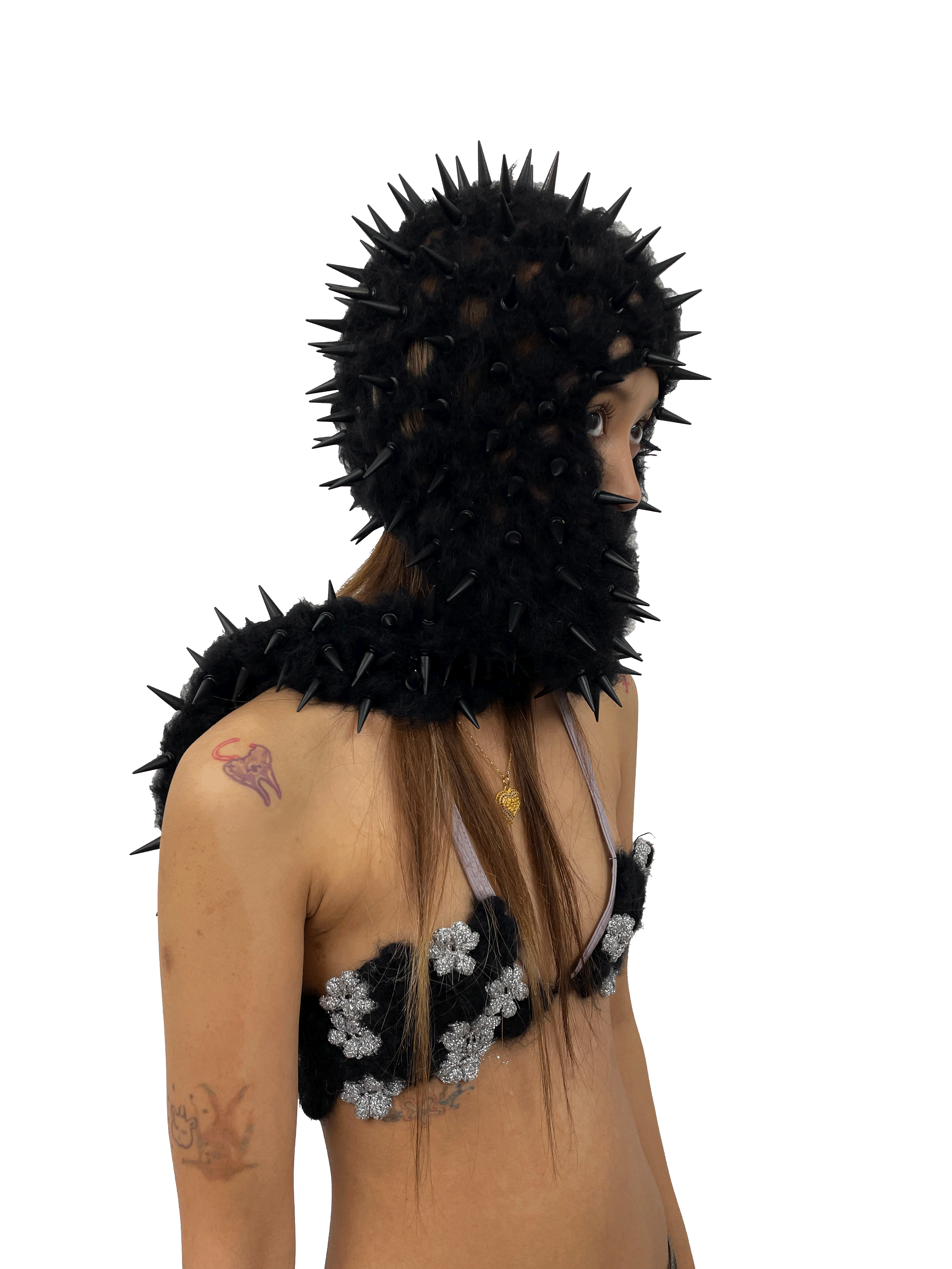 studded crochet headgear in technicolor long black