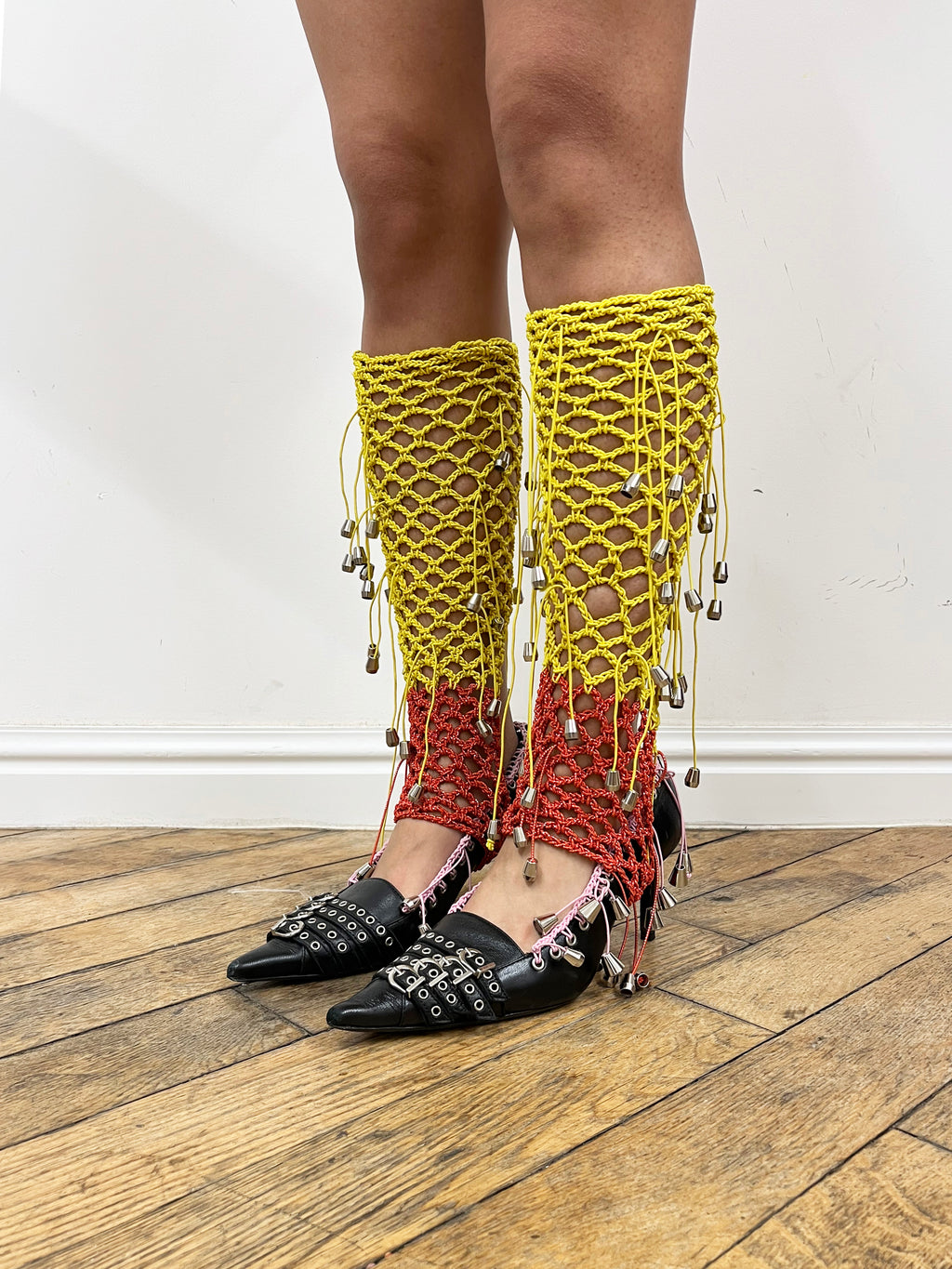 crochet yellow and red stirrups