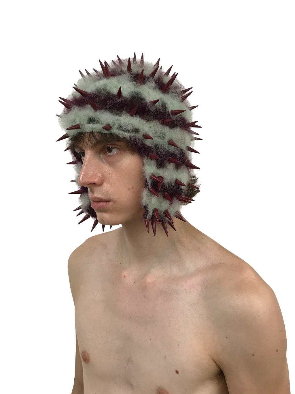 studded crochet headgear in technicolor mint and burgundy