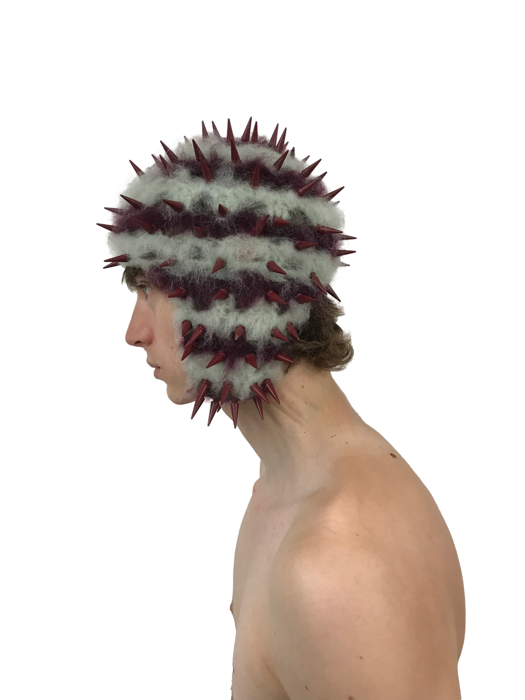 studded crochet headgear in technicolor mint and burgundy