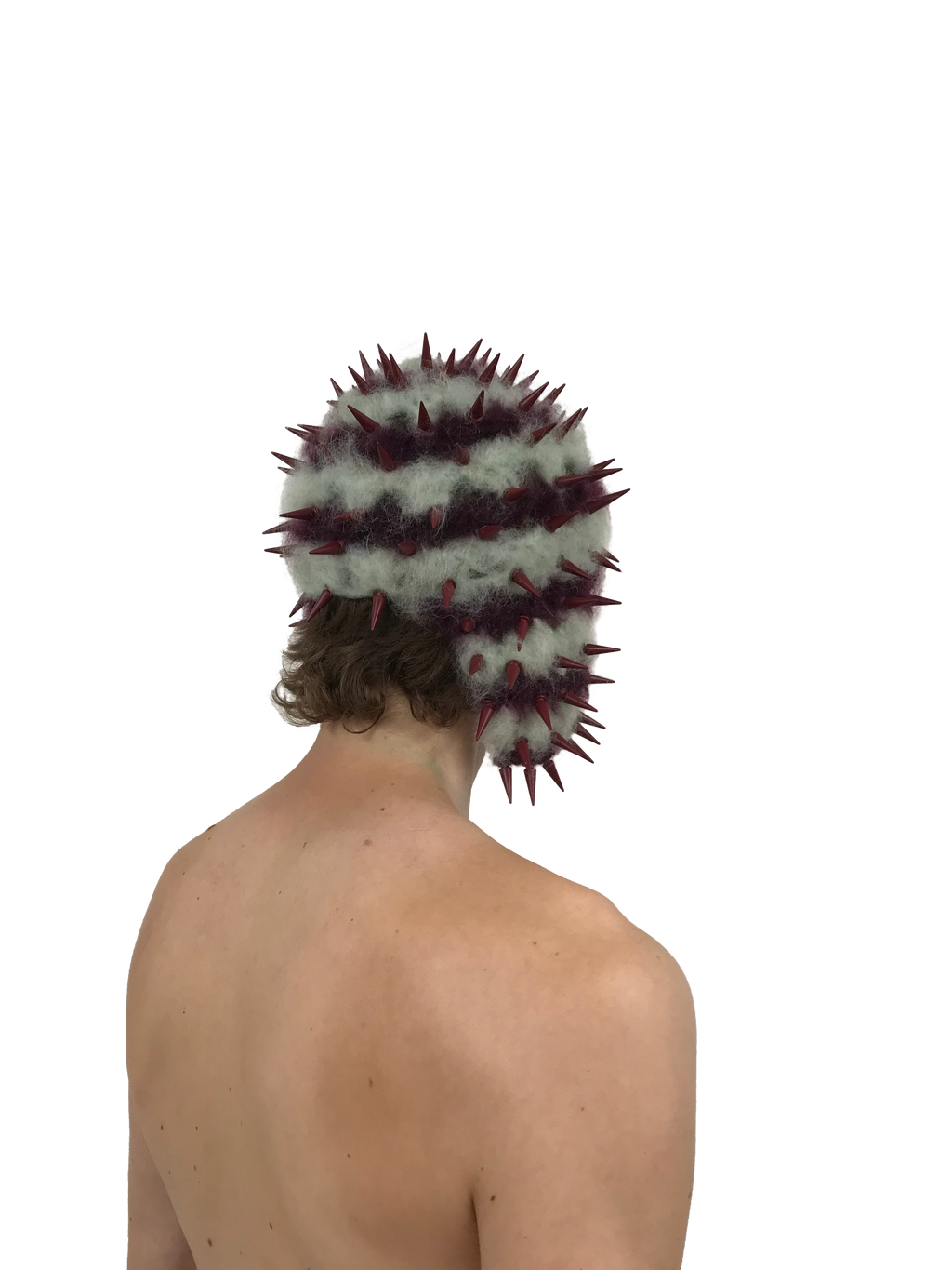 studded crochet headgear in technicolor mint and burgundy
