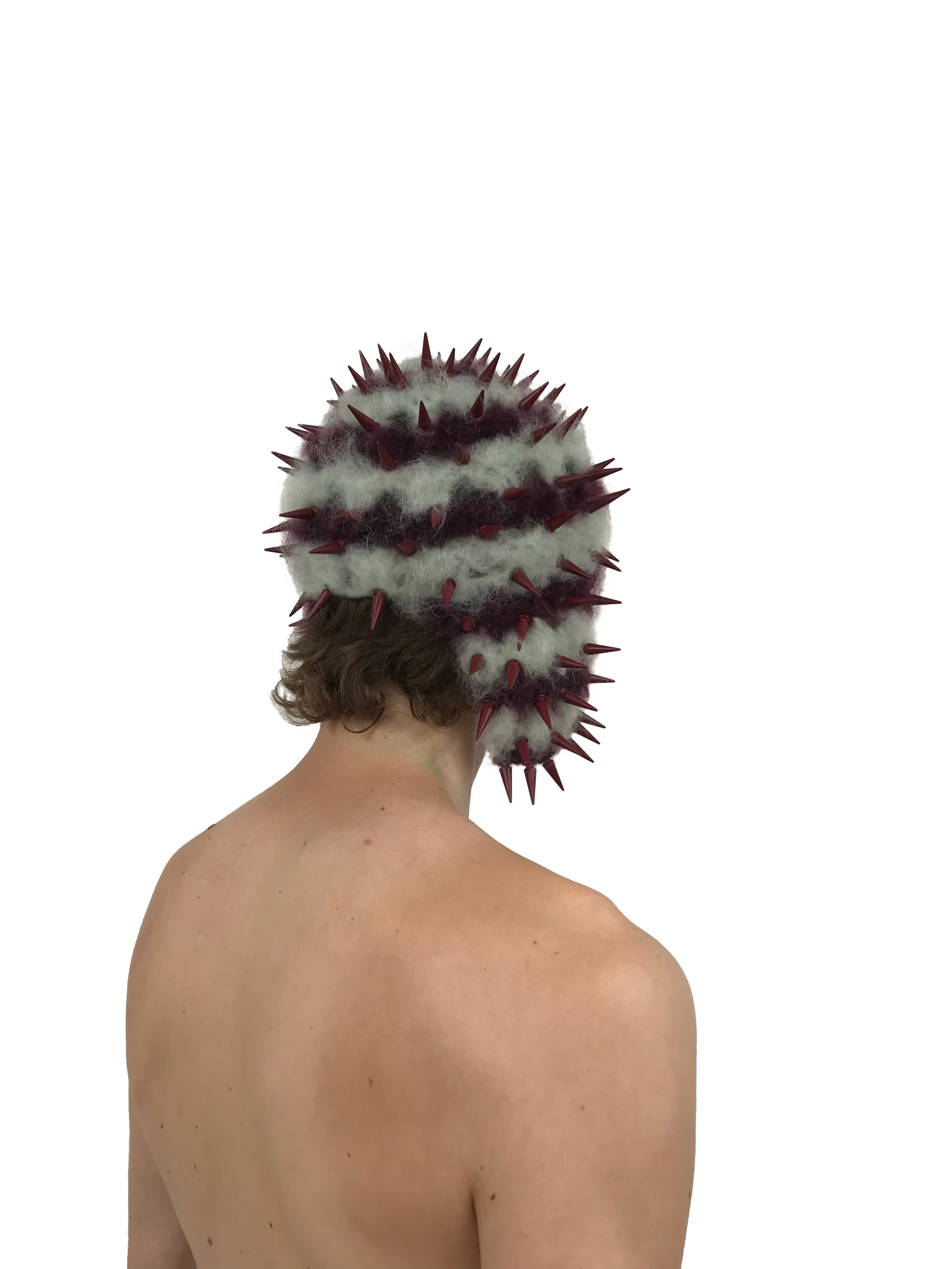 studded crochet headgear in technicolor mint and burgundy