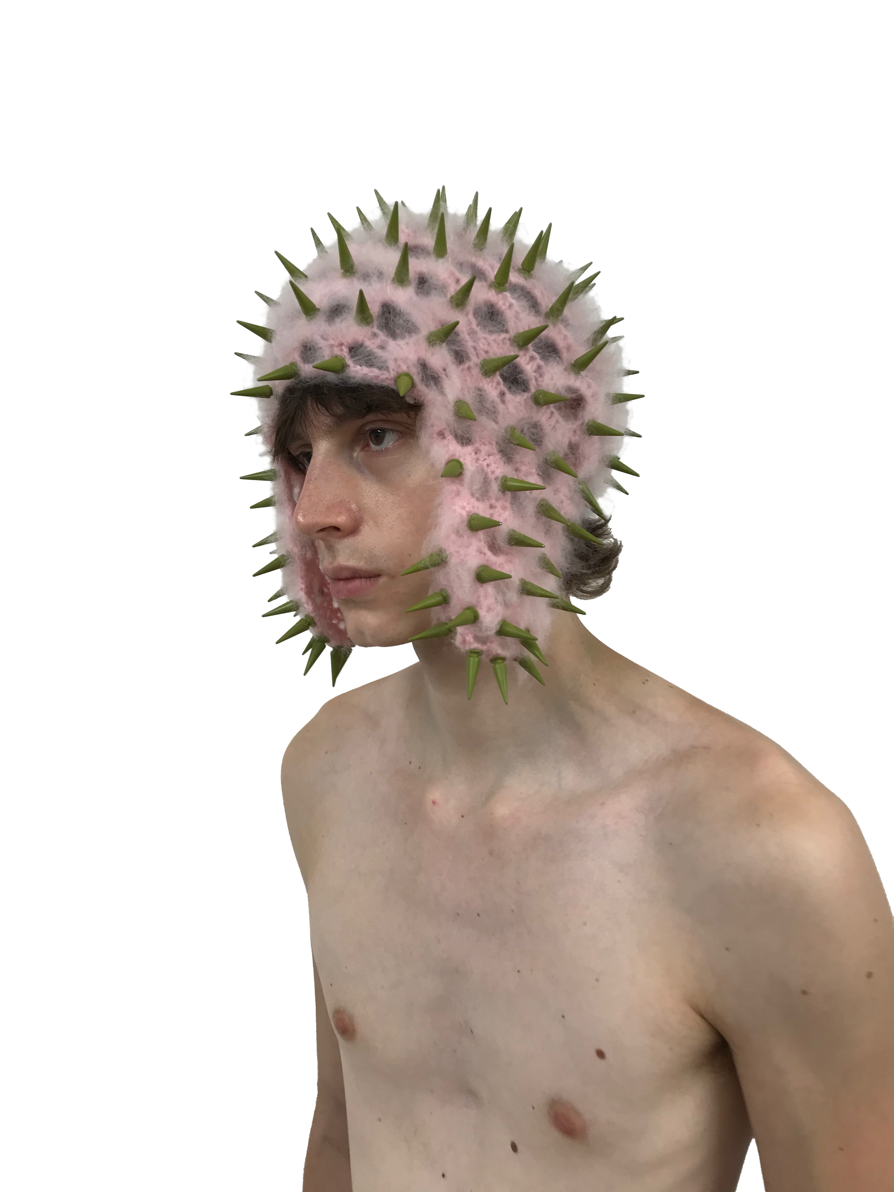 studded crochet headgear in technicolor pink and khaki