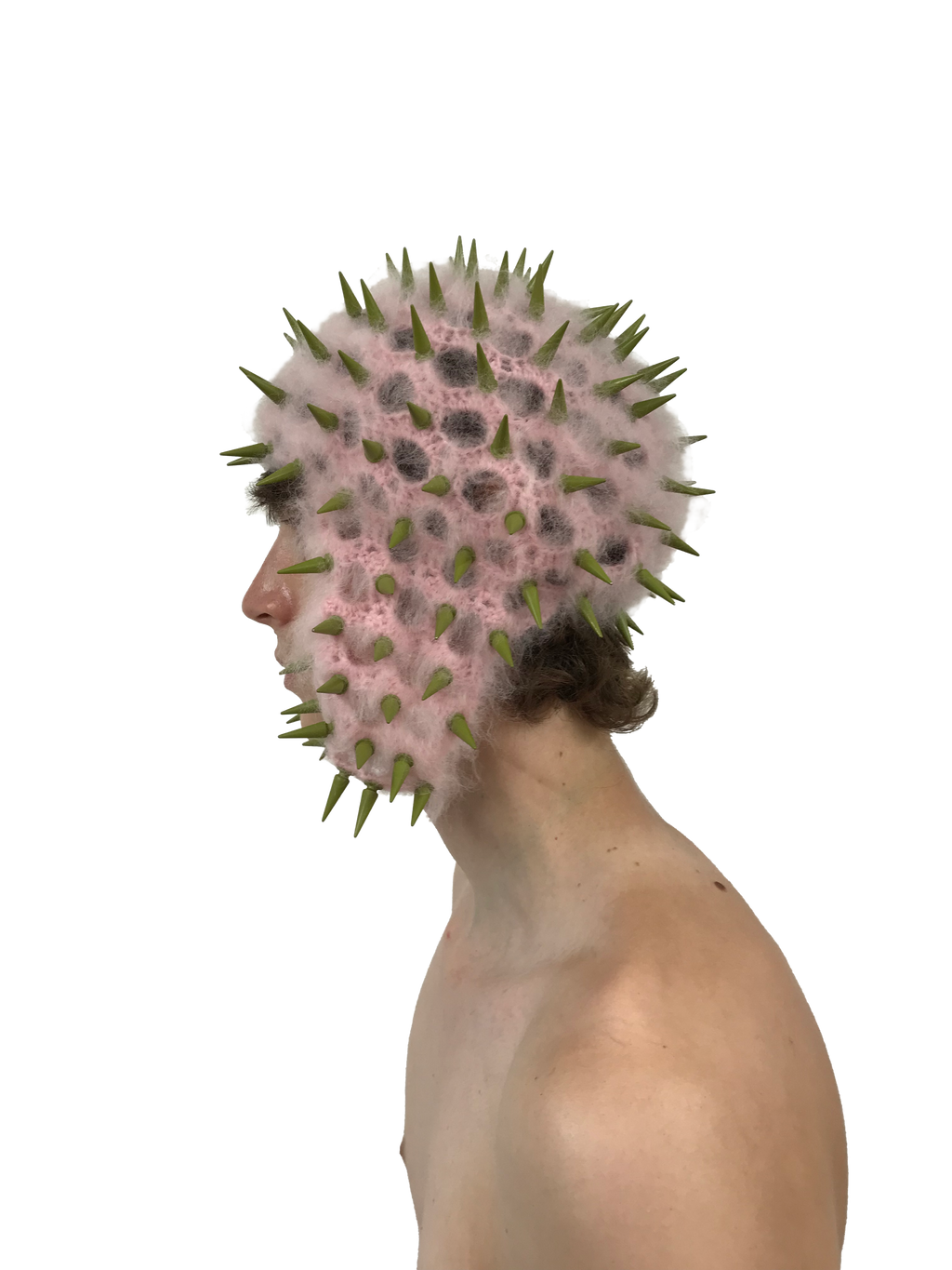 studded crochet headgear in technicolor pink and khaki