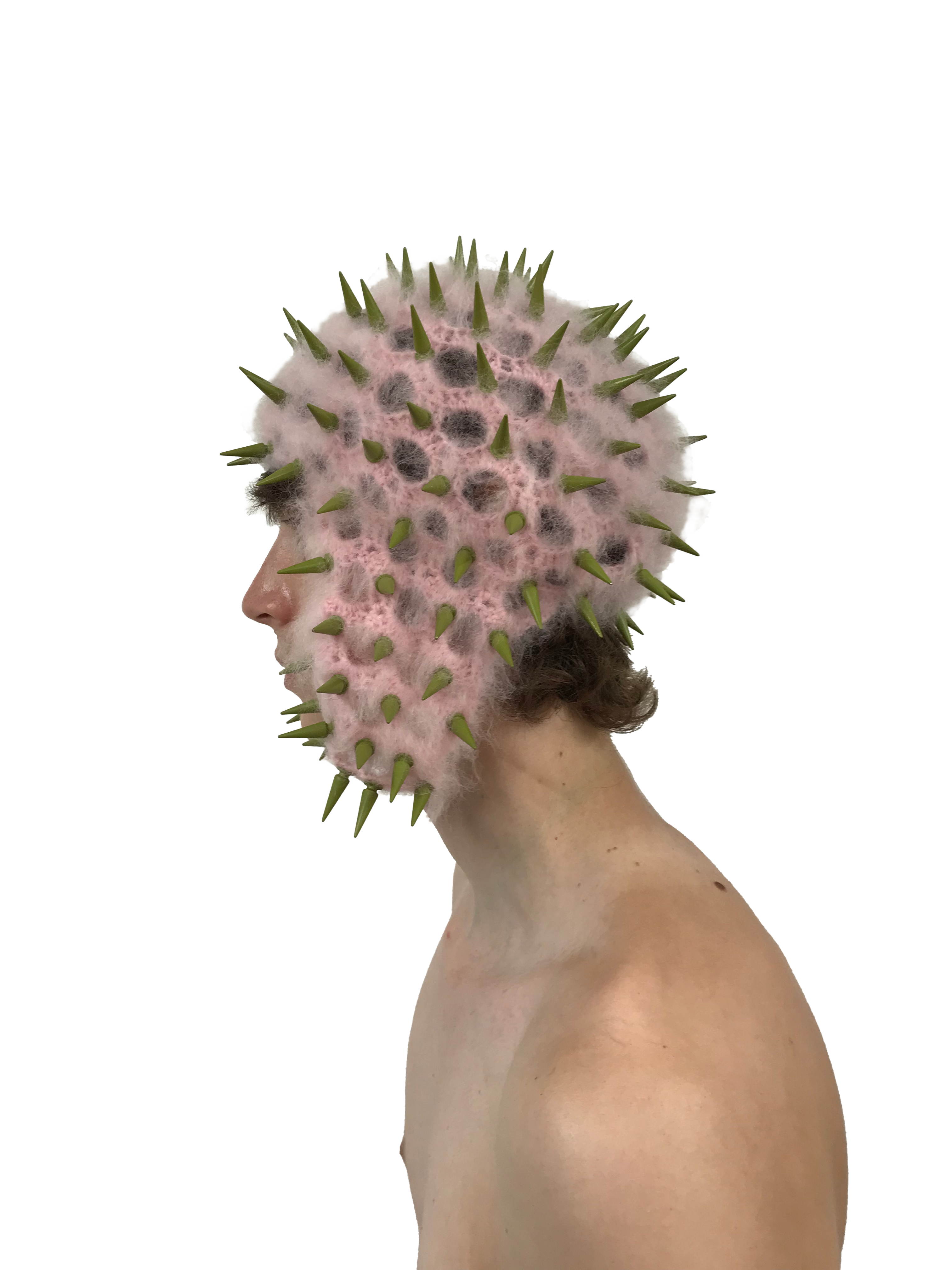 studded crochet headgear in technicolor pink and khaki