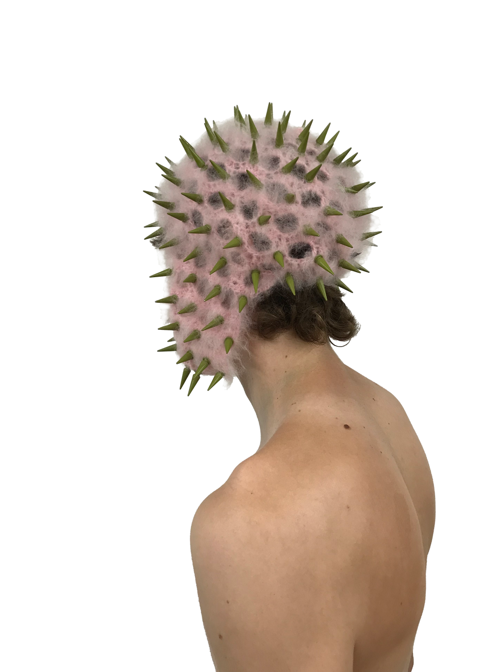 studded crochet headgear in technicolor pink and khaki