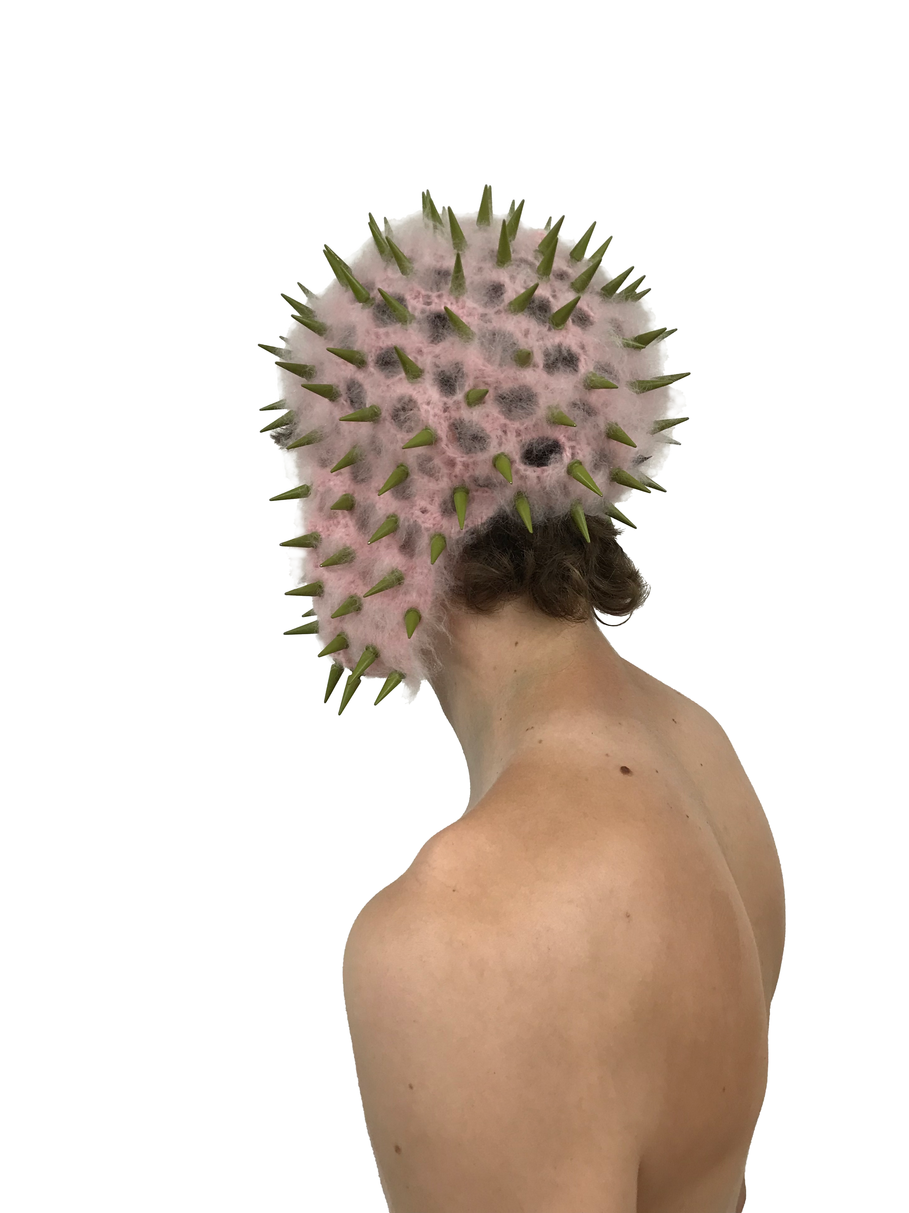 studded crochet headgear in technicolor pink and khaki