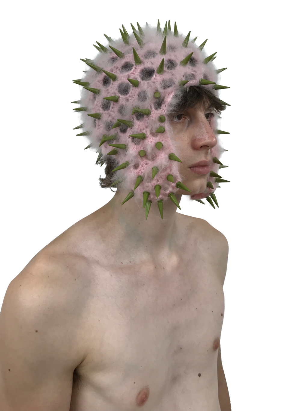 studded crochet headgear in technicolor pink and khaki