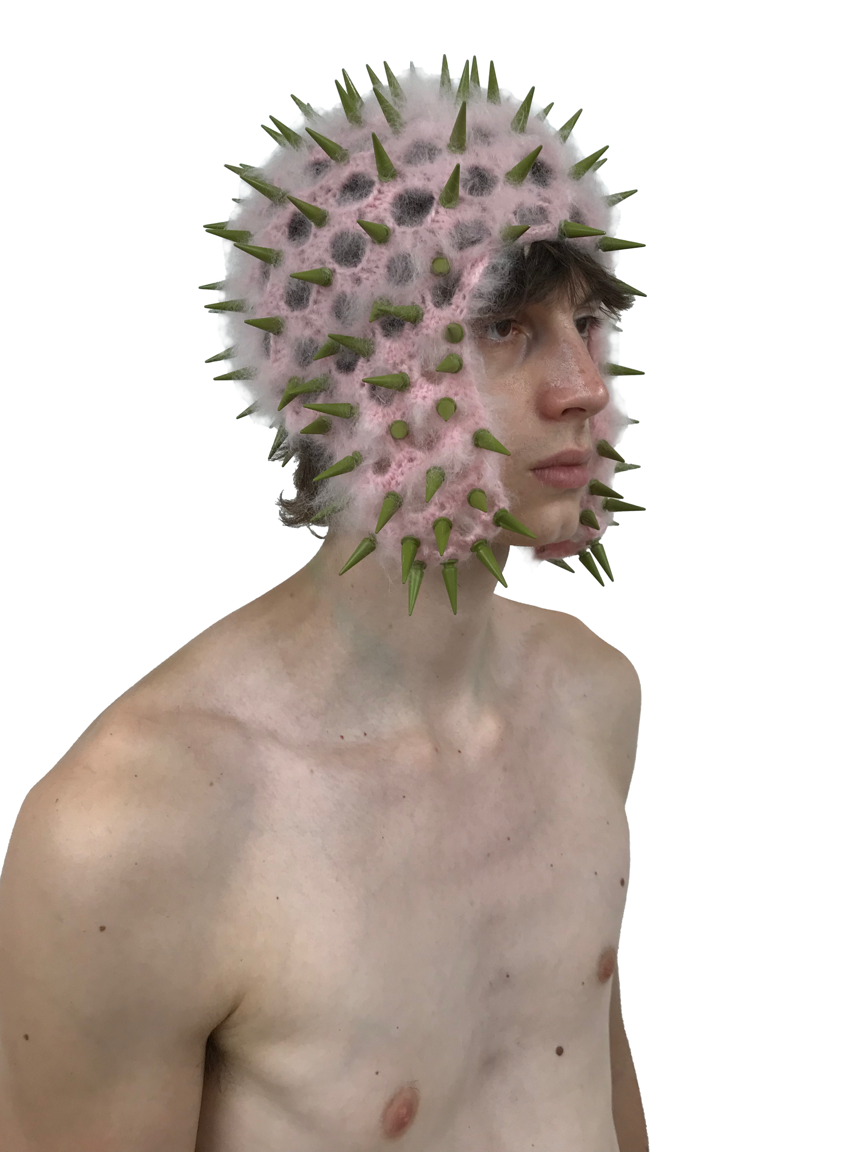 studded crochet headgear in technicolor pink and khaki