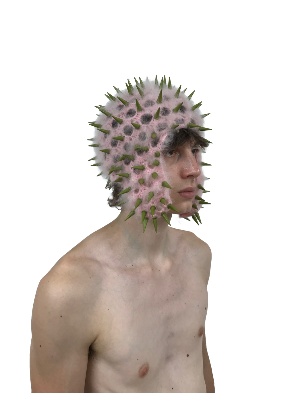 studded crochet headgear in technicolor pink and khaki