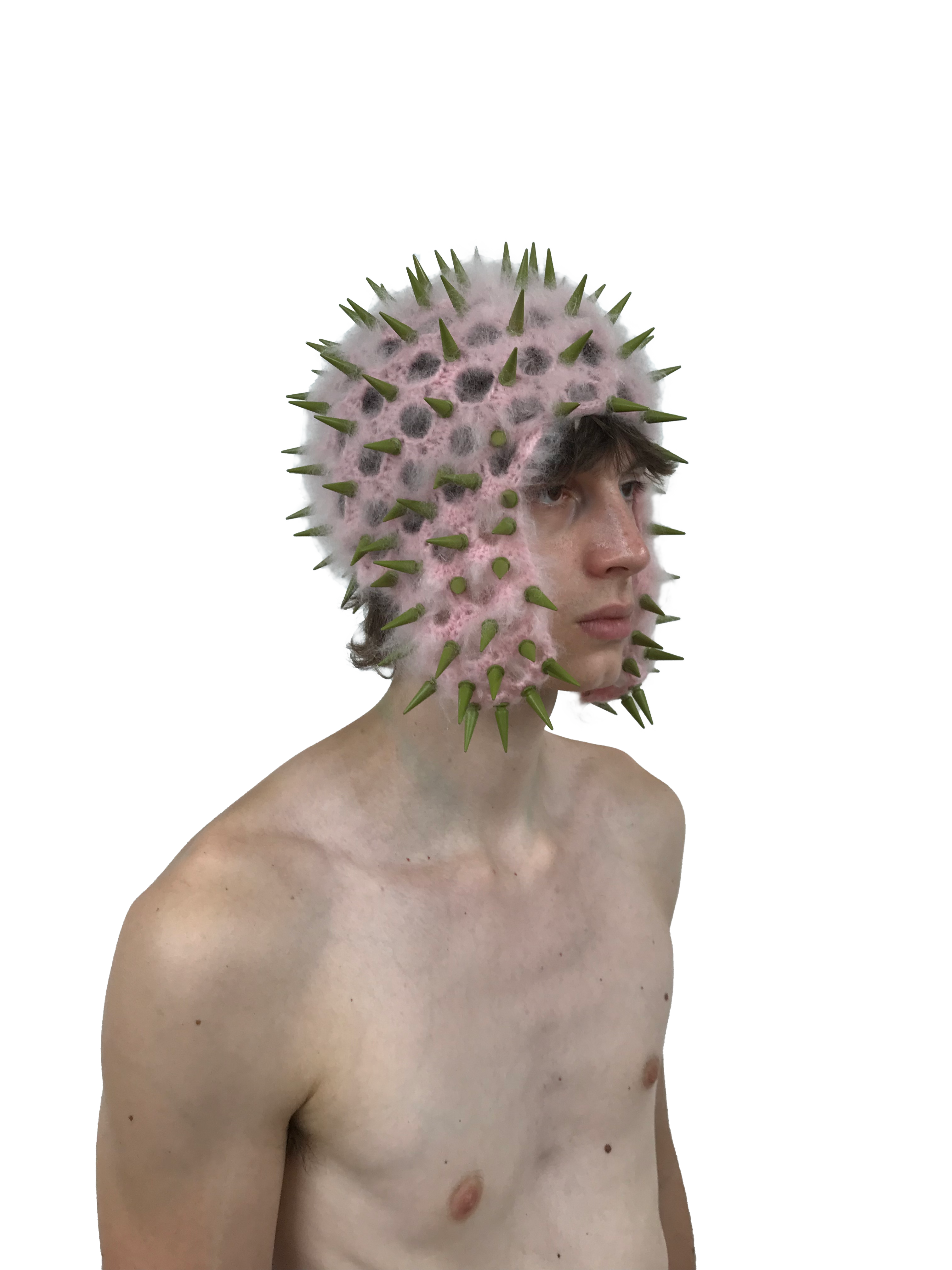 studded crochet headgear in technicolor pink and khaki