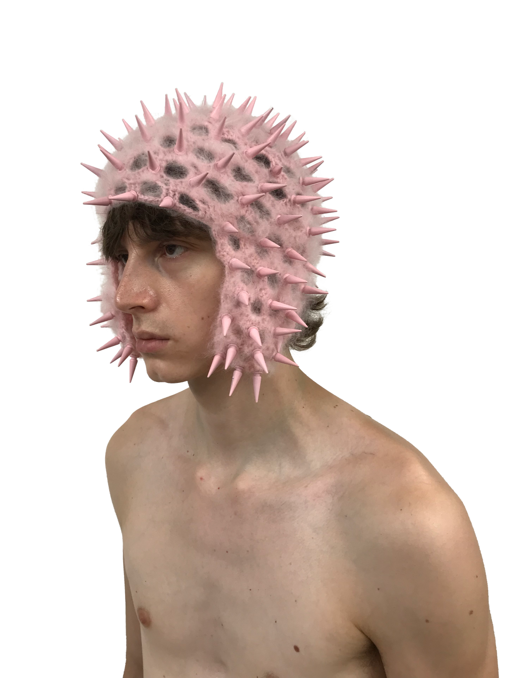 studded crochet headgear in technicolor pink