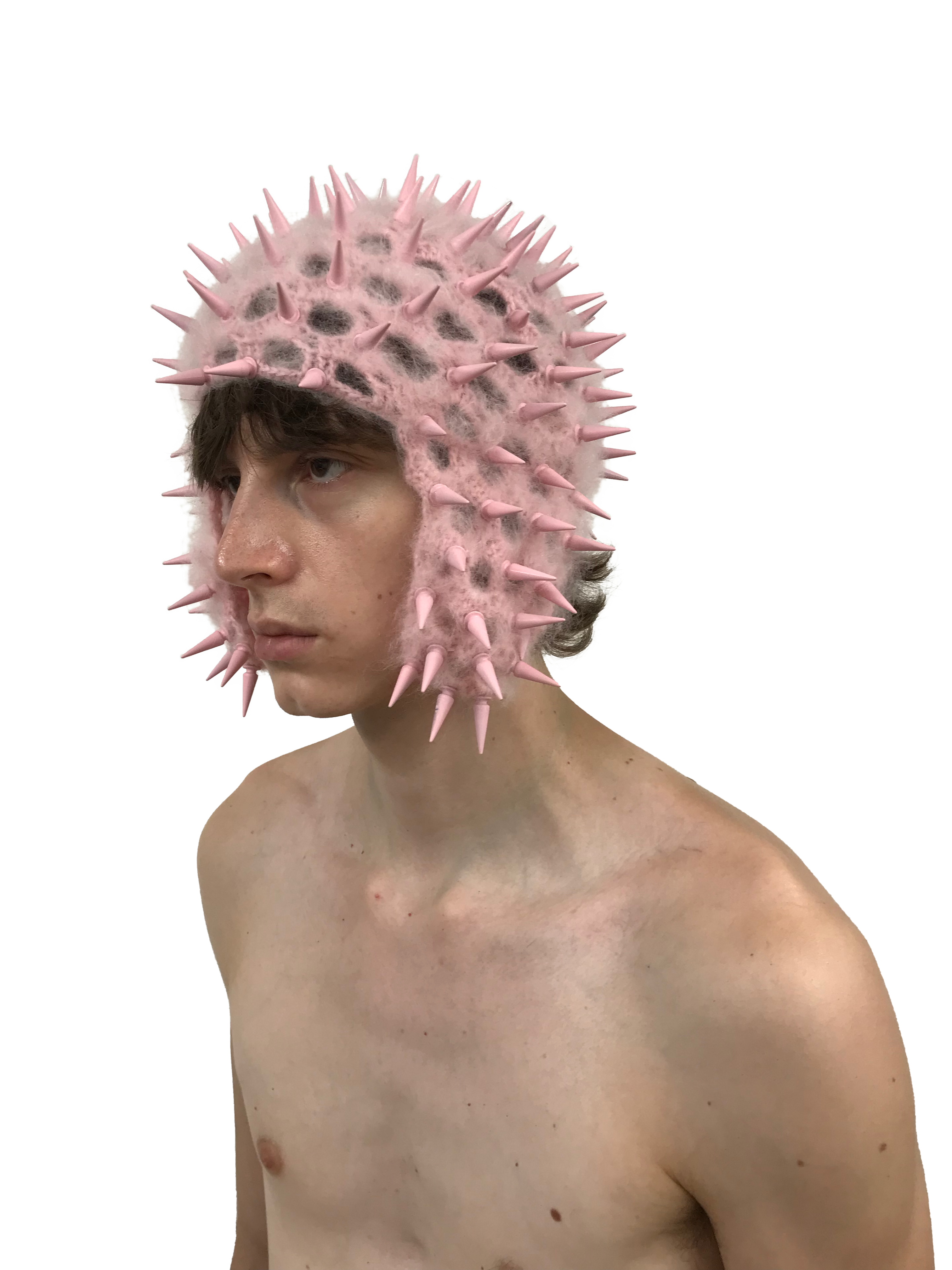 studded crochet headgear in technicolor pink