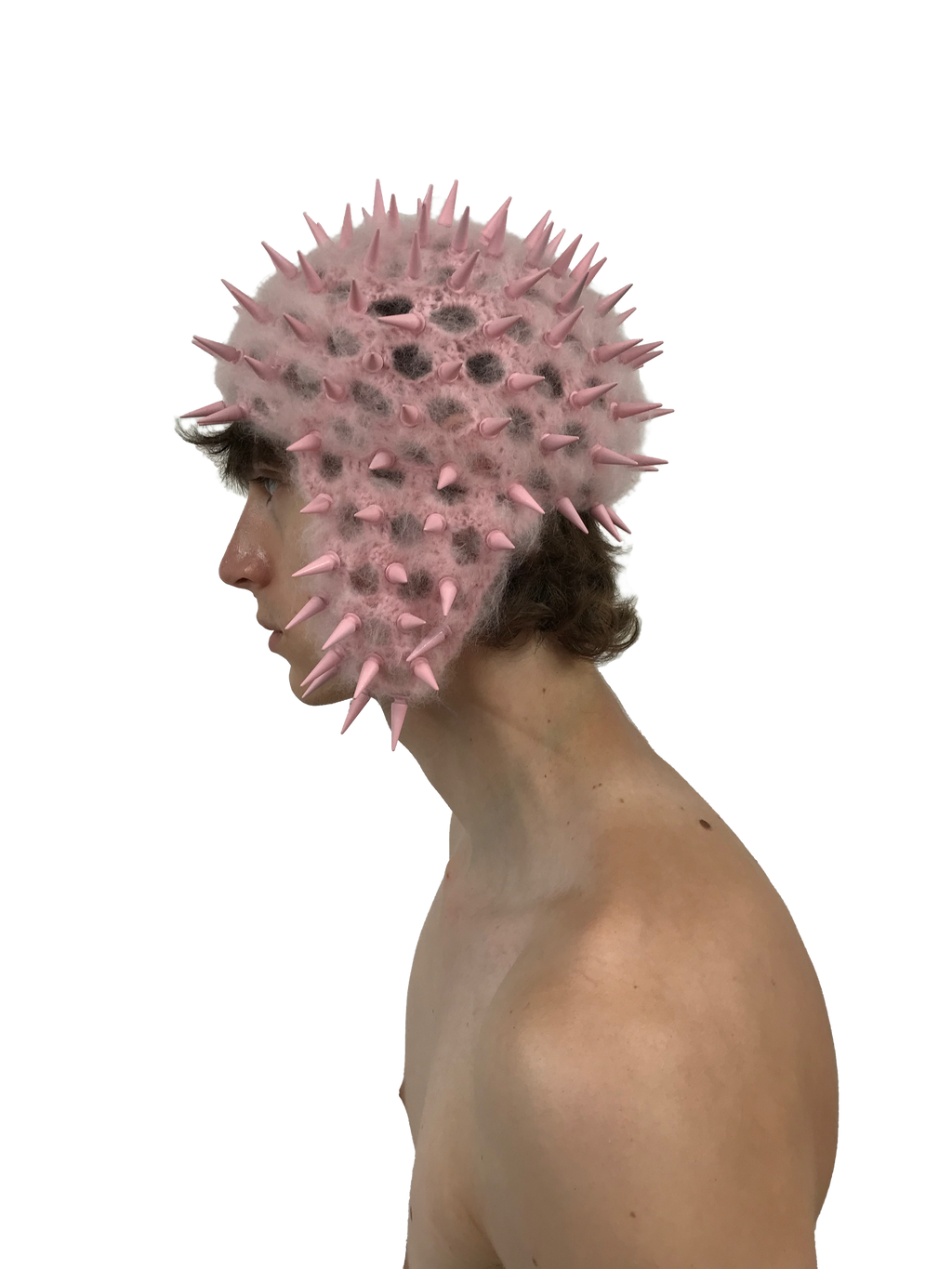 studded crochet headgear in technicolor pink