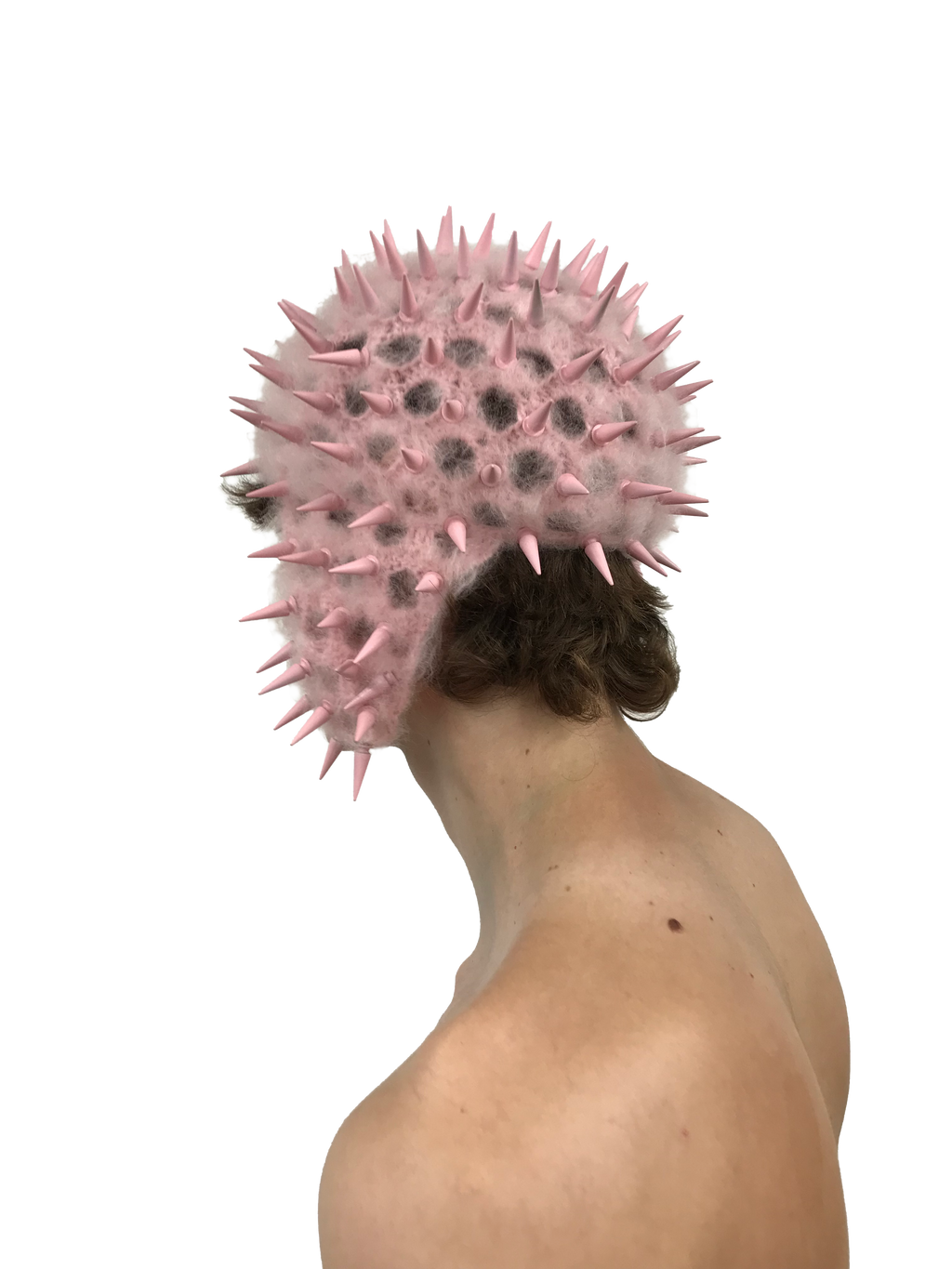 studded crochet headgear in technicolor pink