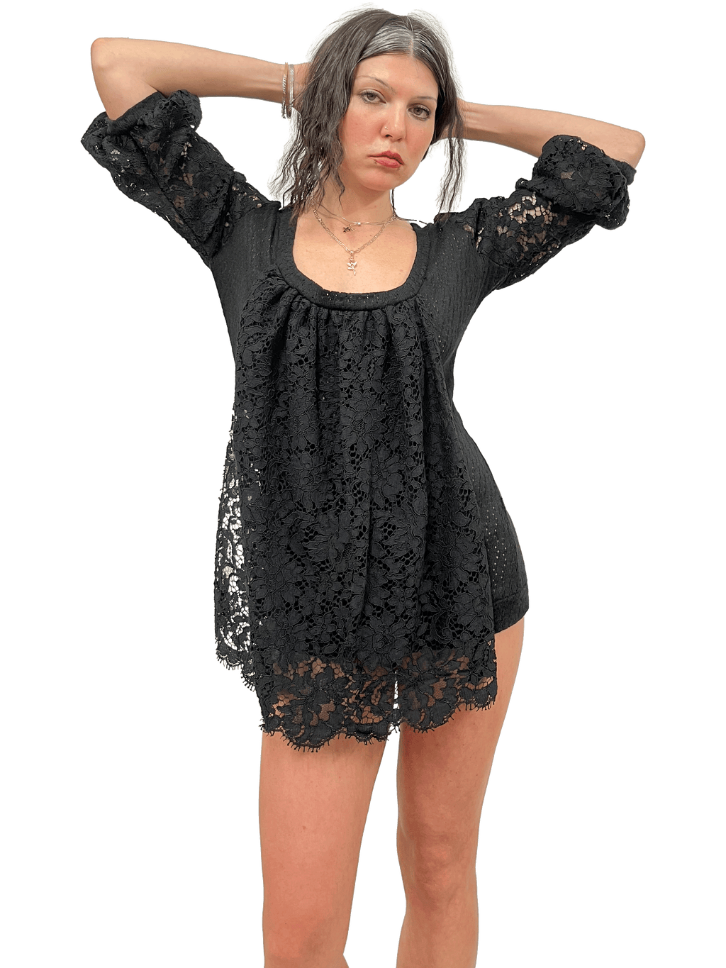 gui by gui draped guipure lace panelled jumper dress