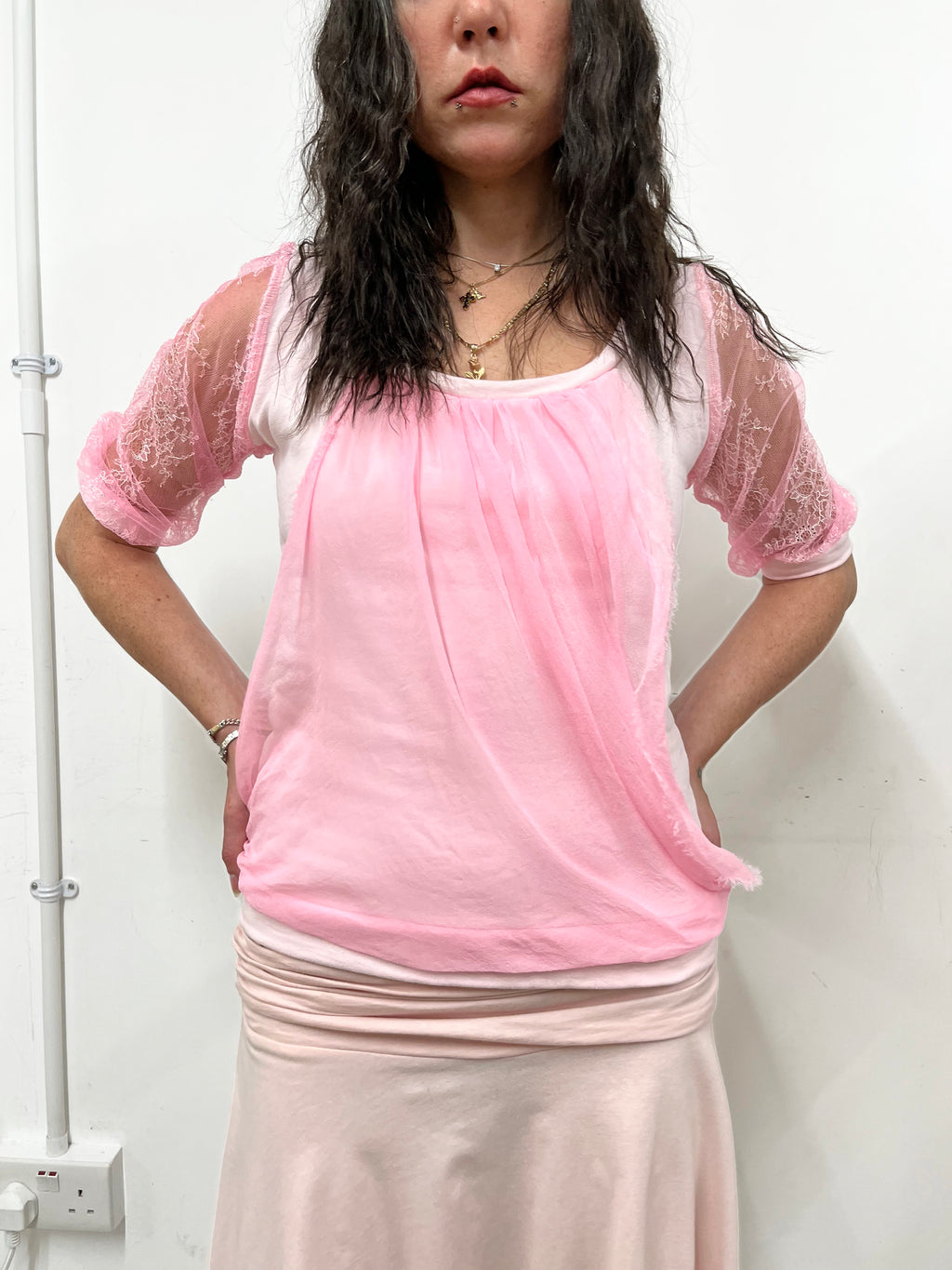 gui by gui rosa draped pink chiffon panelled jumper