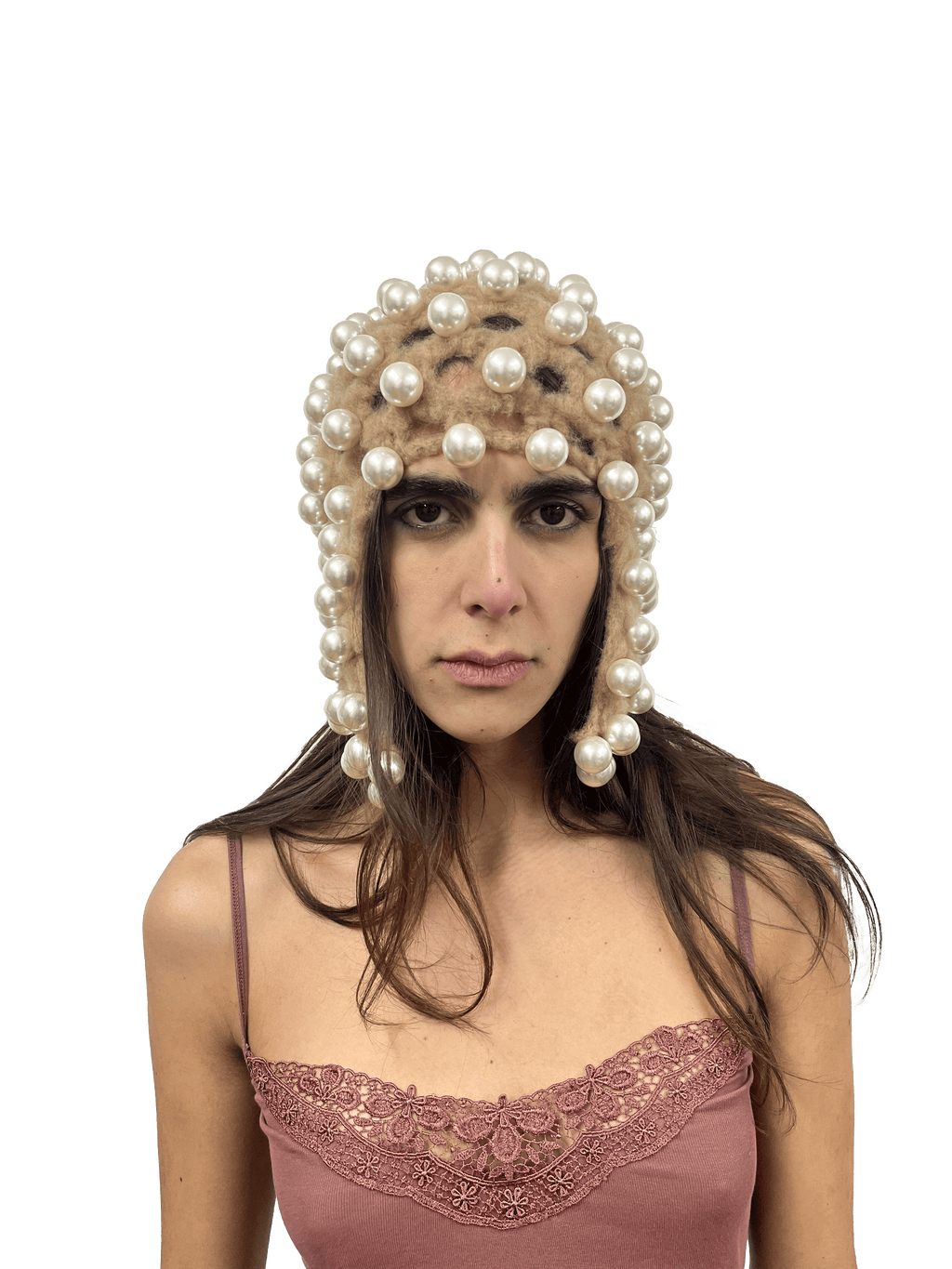 pearl studded hat in beige