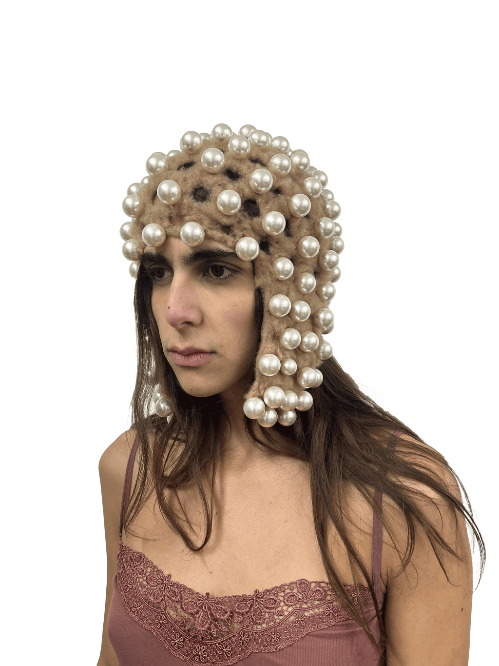 pearl studded hat in beige