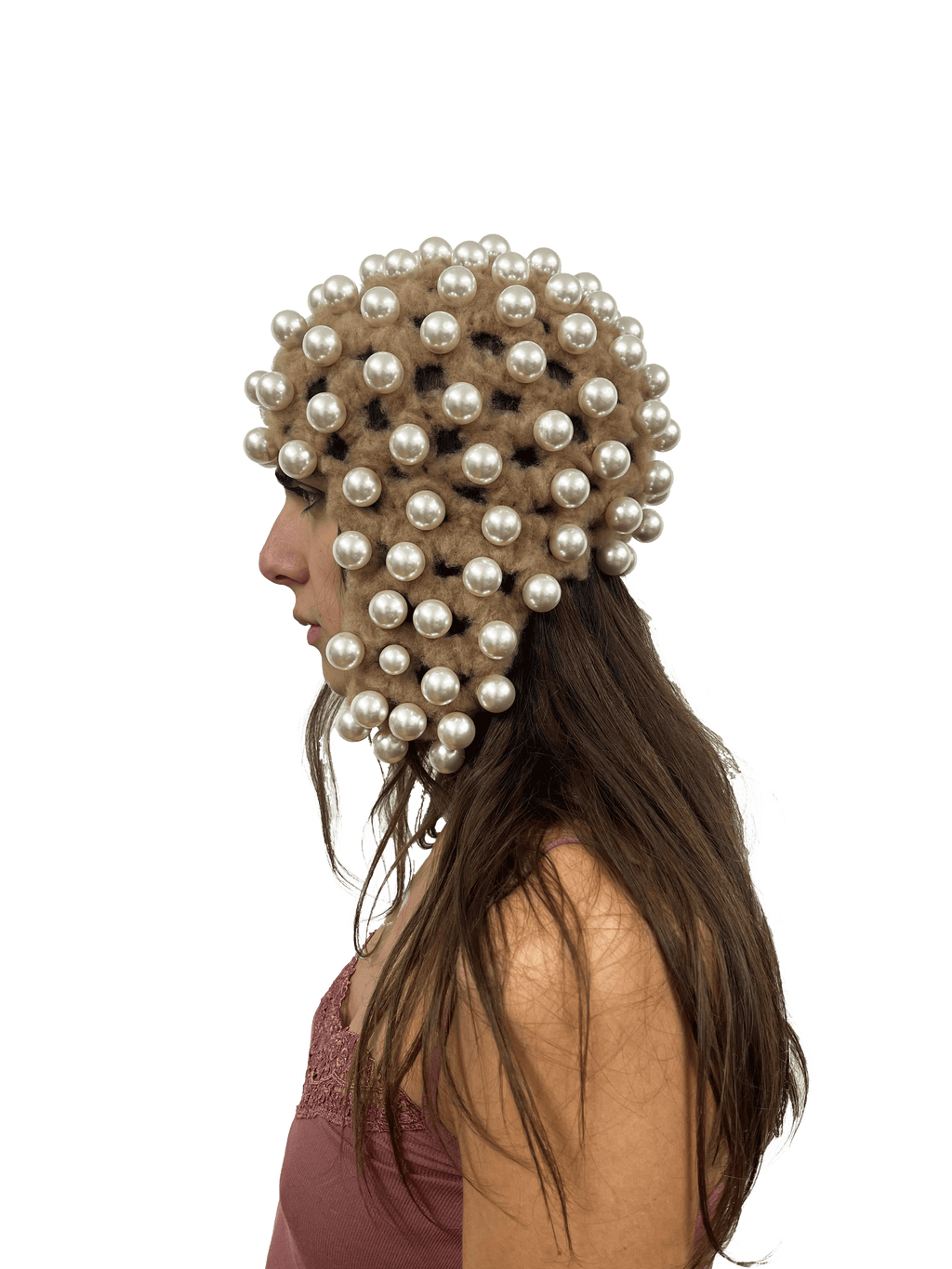 pearl studded hat in beige