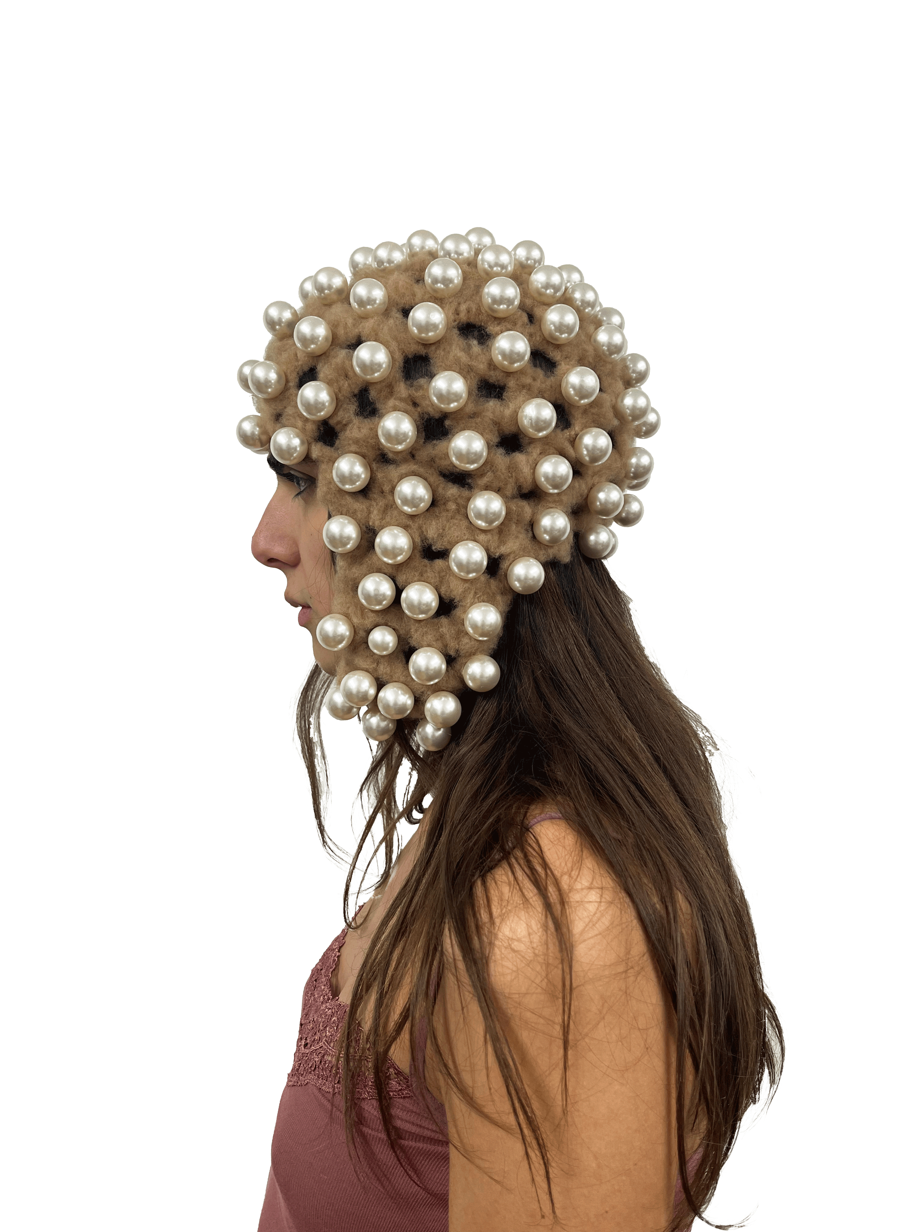 pearl studded hat in beige