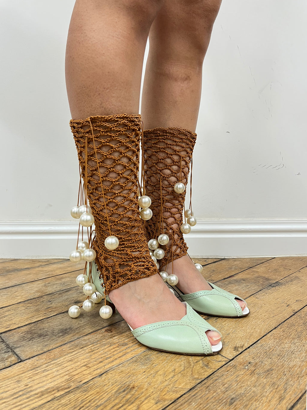 mint sandals with pearl hardware