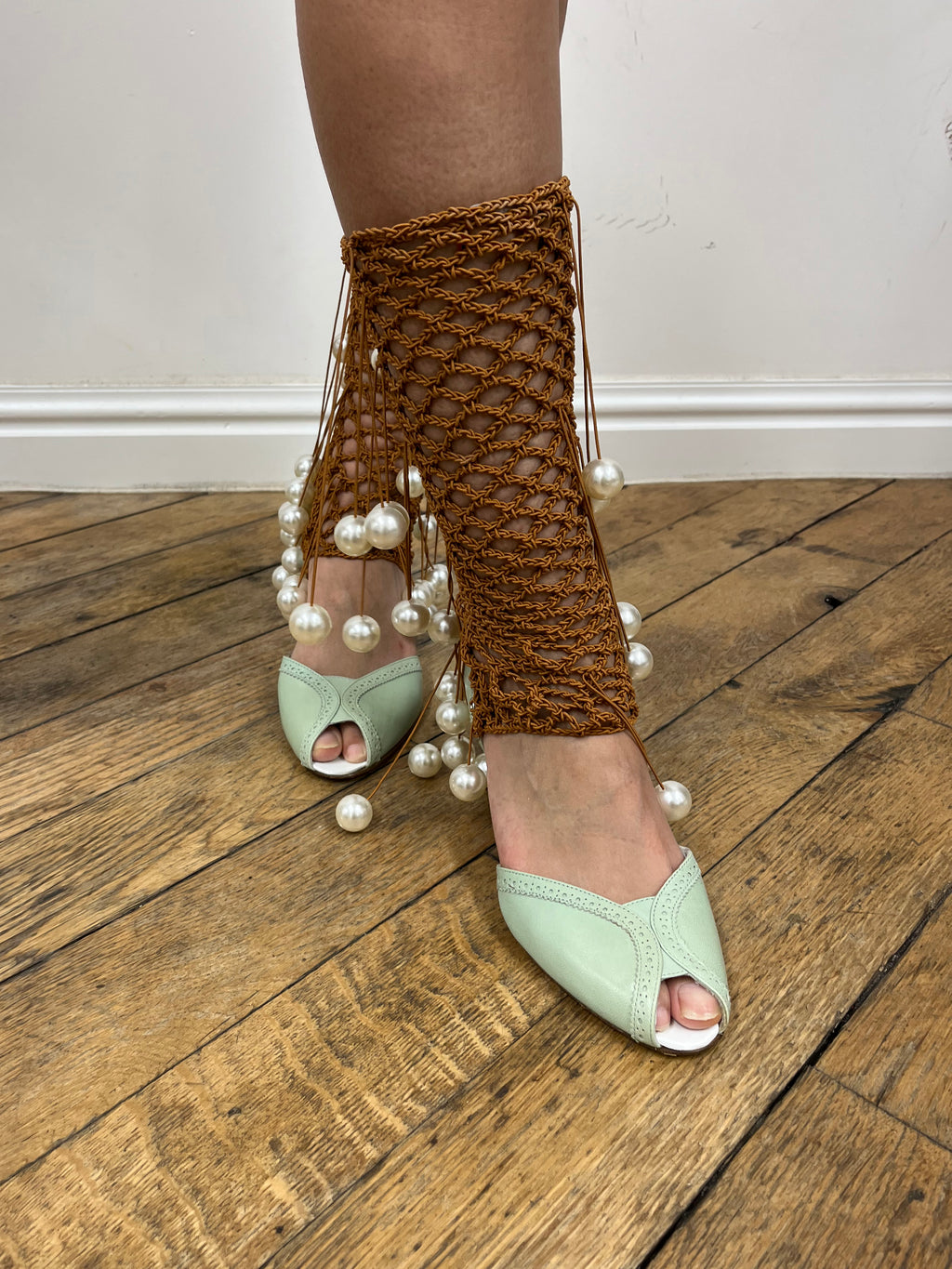 mint sandals with pearl hardware