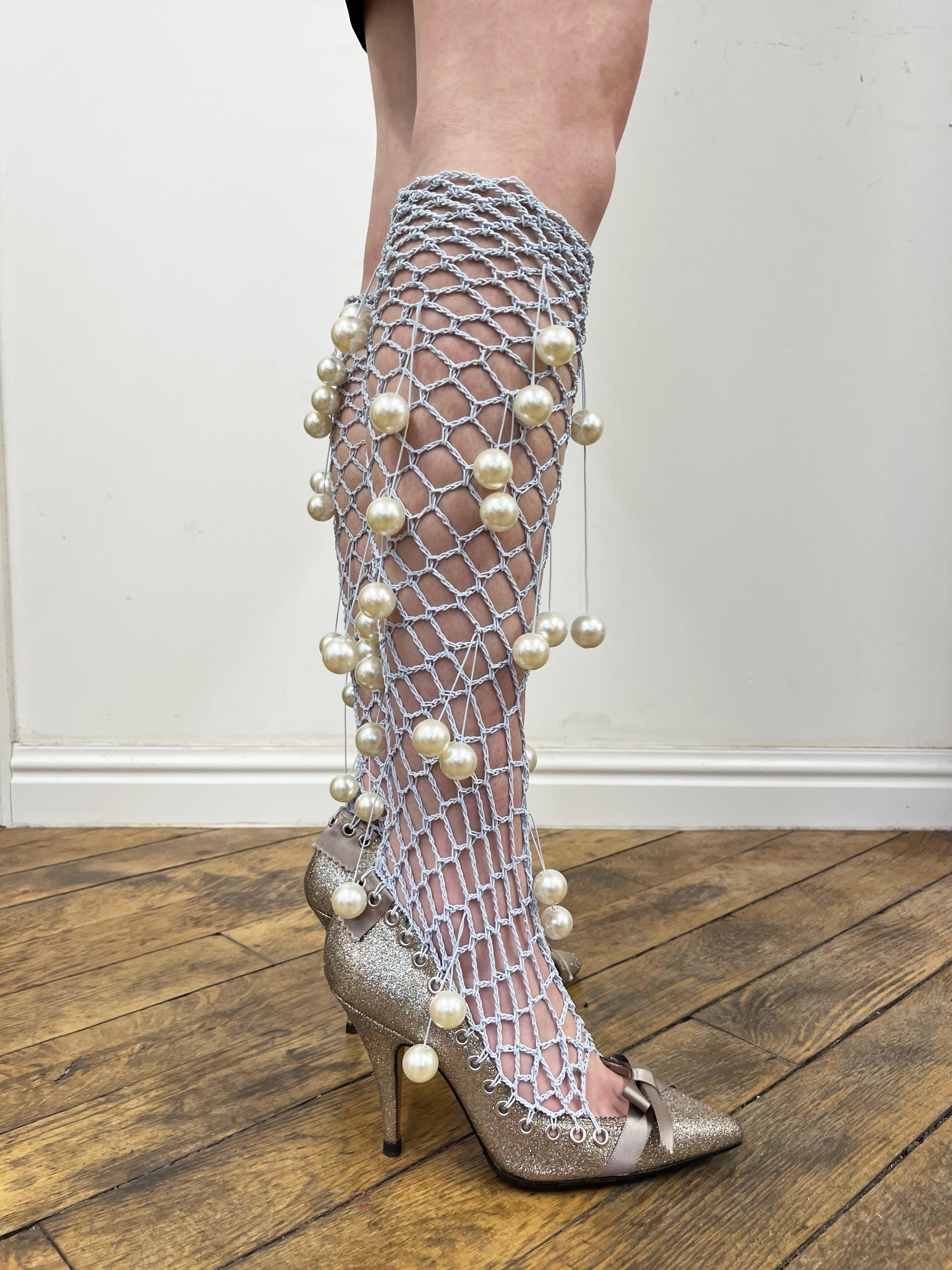 silver stilettos with with pearl hardware