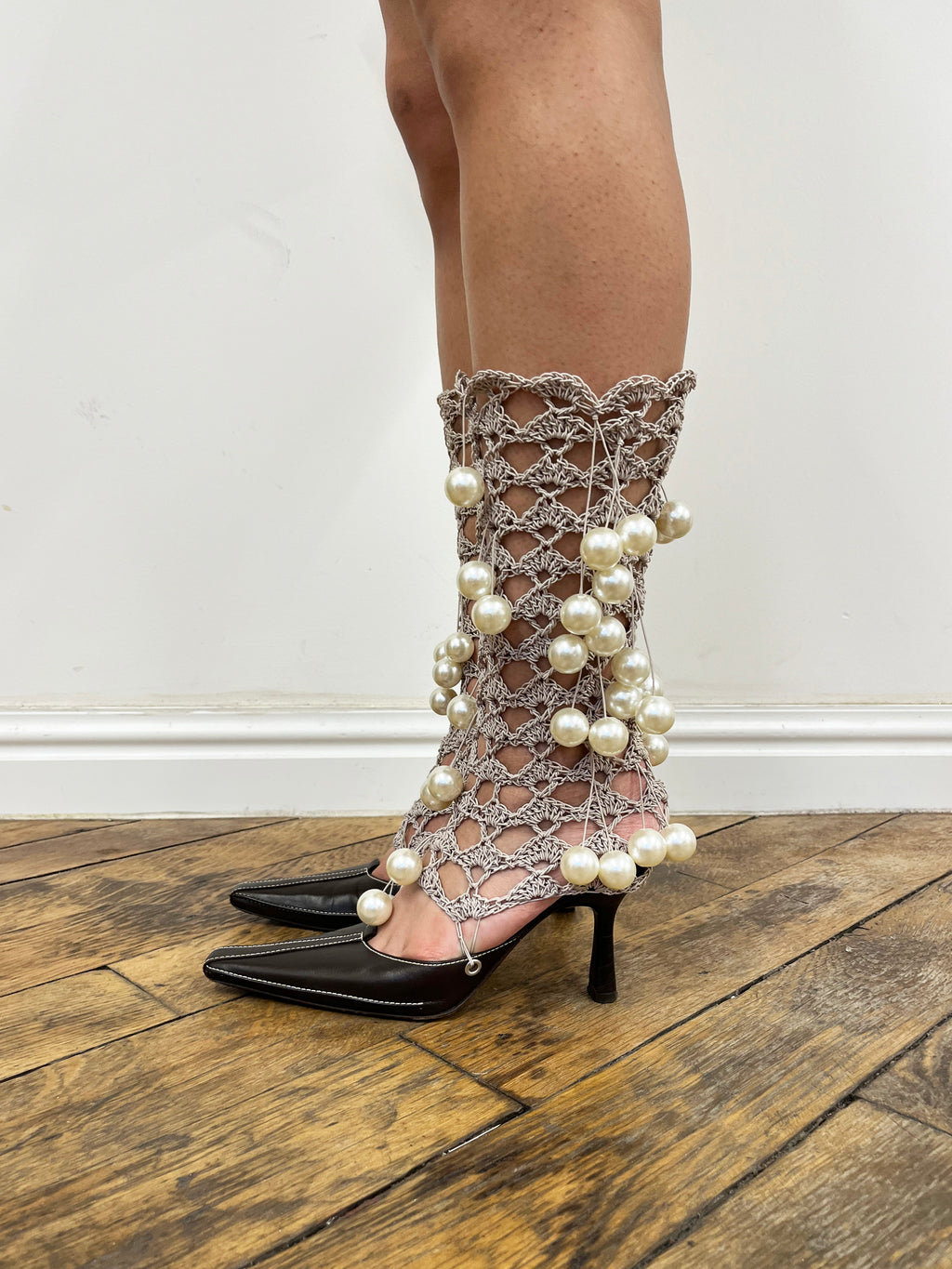 leather mules with pearl hardware