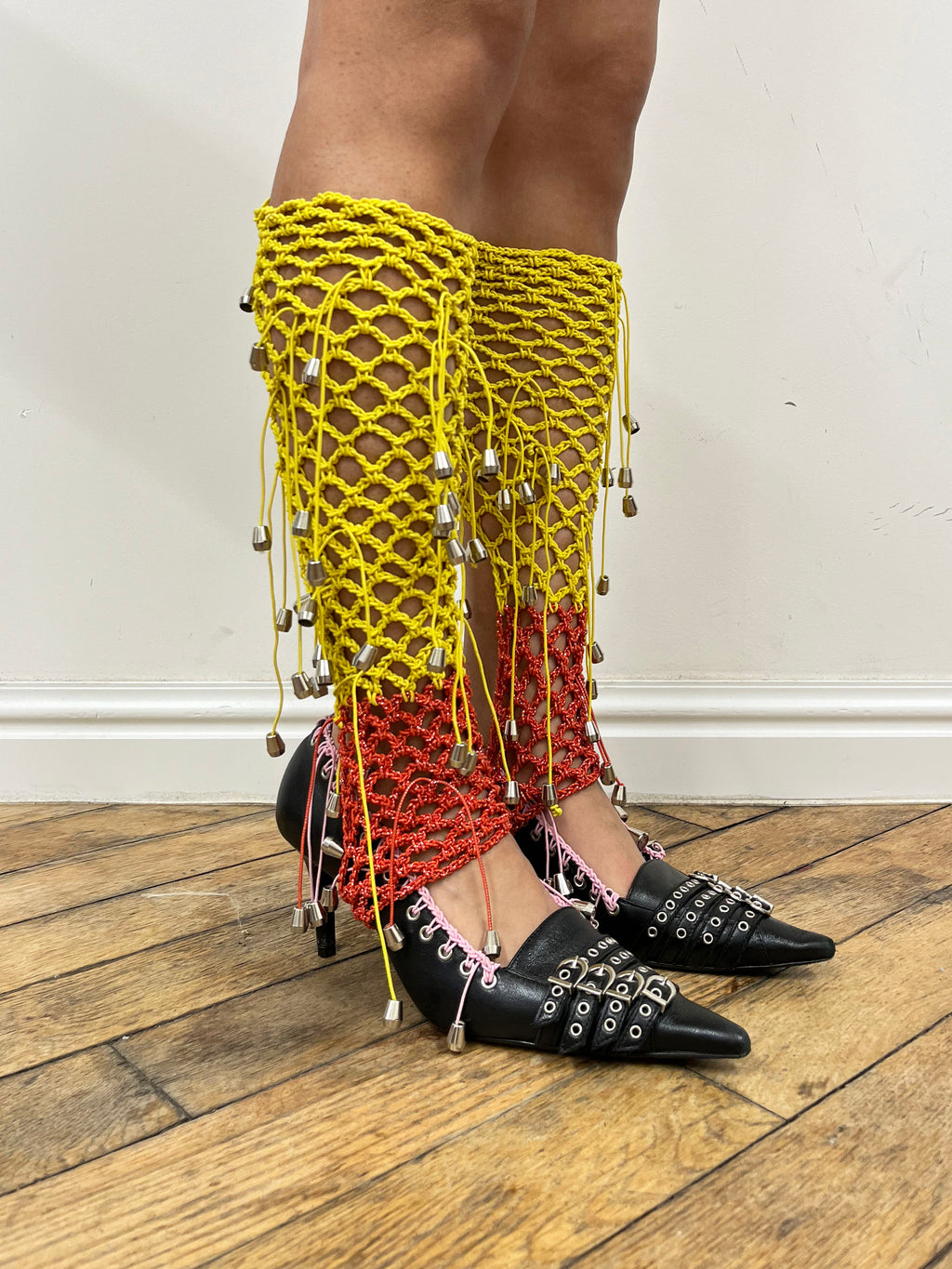 crochet yellow and red stirrups